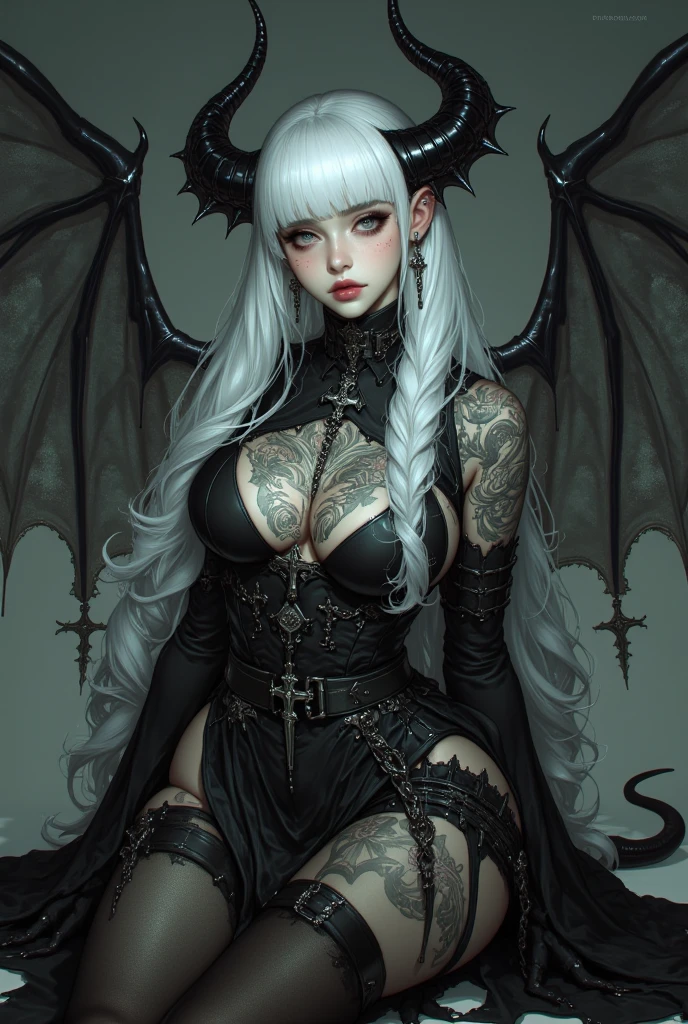 (best quality,4k,8k,highres,masterpiece:1.2),ultra-detailed, anime style, line art, d cup breasts, bimbo, thicc waifu:1.5, night sky background, moon, waifu, seductive expression:1.2, white hair, ponytail hair, pink eyes, thick, chubby, hourglass figure, mature, milf, black makeup, gothic, goth, smirk, mommy, black lips, black lipstick, tattoo, tattoos, (((devil horns))), fangs, (((devil wings))), beautiful, pretty, gorgeous, pink hearts, hearts, showing fangs, chains, vampire, sexy, close-up