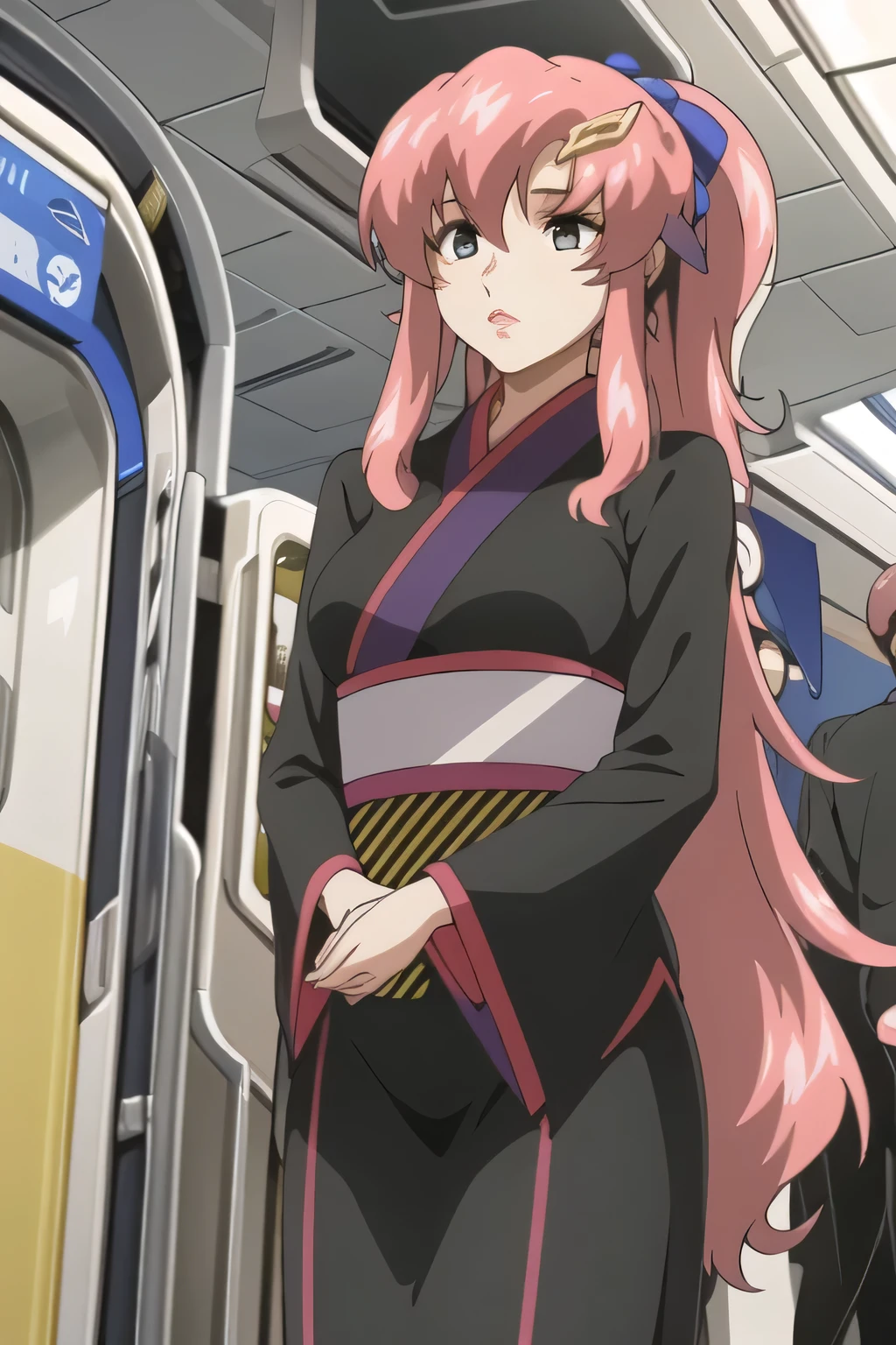Black uniform like a kimono, I'm wearing a black and pink uniform ,micro miniskirt,Faces are important,standing,your smile is amazing,Pink hair roots,nice smiles,Can you draw a woman looking at a train,waiting for the train女性は描けますか, ,congestion,waiting for the train,fun,Underground railway stations ,The sign hanging on the wall,{{X}},Please describe her expression more delicately,walking alone, city tour ,,((( I'm wearing a black and pink uniform を着ています ))), ,(Let's draw a more delicate look),(Ninja costume with a pink border on a black background),( black panties),(That work is enough for one person {X} is very important for work)、 That's enough,frown。unless the job requires it。 {X}、 , Attractive 20 Year Old Woman , Big black wavy hair, , Big Breasts, Thin Waist , , ,Faces are very important,