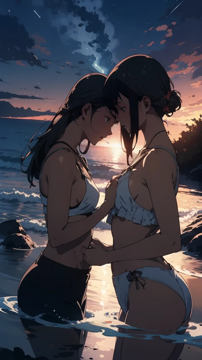 Anime - style illustration of two women kissing on the beach, sunset, lens flares, Extremely detailed Artgerm, WLOP and Sakimichan, Range Murata and Artgerm, nixeu and sakimichan, sakimichan and frank franzzeta, Guviz-style artwork, kissing together, kiss, french kiss, tongue kiss, 8K high quality detailed art, huge tit, Blush, underboob, midriff, waist up in frame, string of saliva, drool, facing each other,Skindentation(Curvy:1.4), (Bimbo: 1.3), (Normal Waist: 1.2), (Thick Lips: 1.3), small-nose, (light smile: 1.2), (shy blushing face:1.4) somb, wedgie, string only