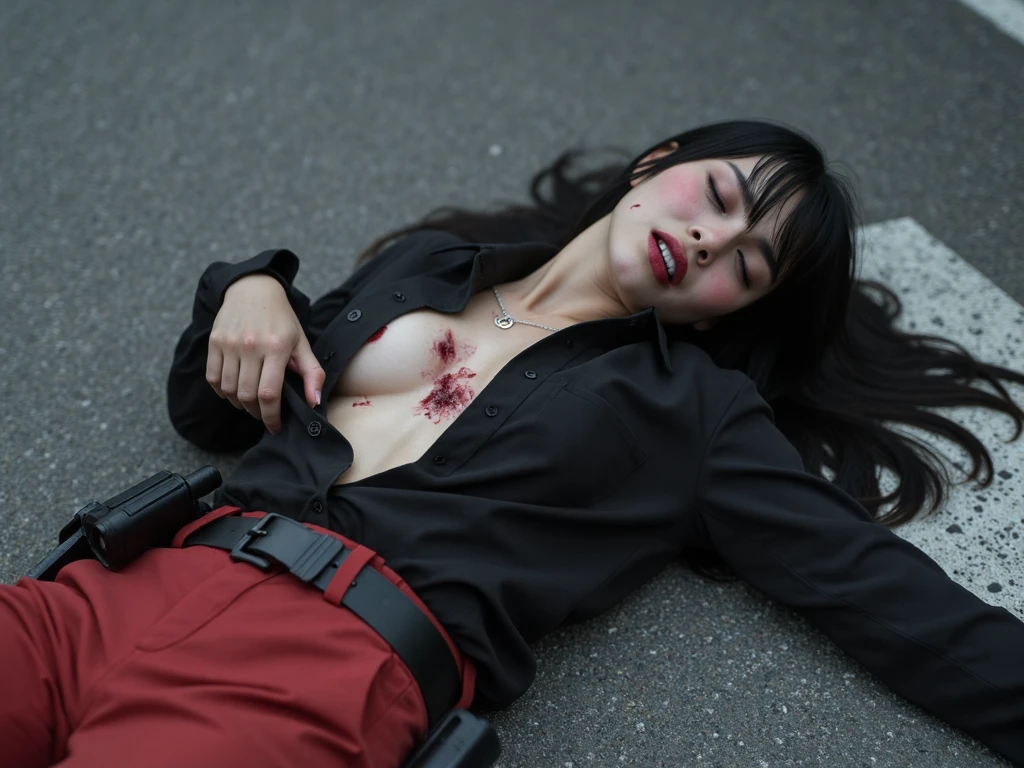 Dead body of Indonesian girl, 22 years old, slim body, indonesian girl face, semi naked, all clothes are torn, destroyed torn panty, folded up long skirt, pulled up broken bra, folded up shirt, unbuttoned torn aparts jacket, hairy vagina exposed visible, anus visible, her hands spreading away, victim of bloody traffic accident, lying down dead body on asphalt, dead girl face, dead turned up eyes, some bleeding wound on her body, head lying down on asphalt, no pillow, blood flowing out from her mouth and ears,