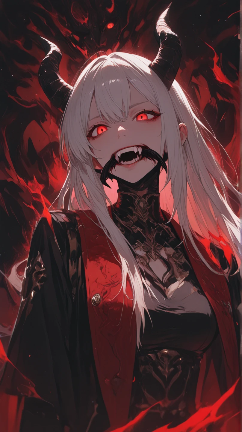 Long white hair, yellow eyes, evil, sexy, black and red clothes, cute hairstyle, evil face, evil, serious look, gloss lips, sinister, front look, bloody, gloves, (((half-body portrait))), beautiful eyes, short dress, big white, dark place, night, sensual, straight hair cut, clear skin, evil, young 30 years girl, adult girl, solo, red, very long hair, (((Older mature woman)))