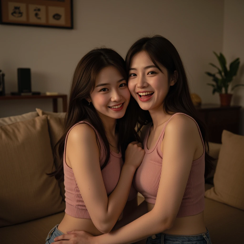 2heads:1.5, beautiful, light skin, American girl, 20 years old, brown flowing hair, hair down, large breasts, wearing a white crop top, wearing black bell bottoms, smiling, delicate body hair visible, visible acne on forehead, very detailed and realistic skin with some body hair on arms, at home, 35mm, F/2.8, insanely detailed, intricate, character, hyper maximalist, elegant, ornate, beautiful, revealing, appealing, attractive, emotive, hyper-realistic, 4k, high resolution, bright lighting, sitting on a cozy couch, crossing legs