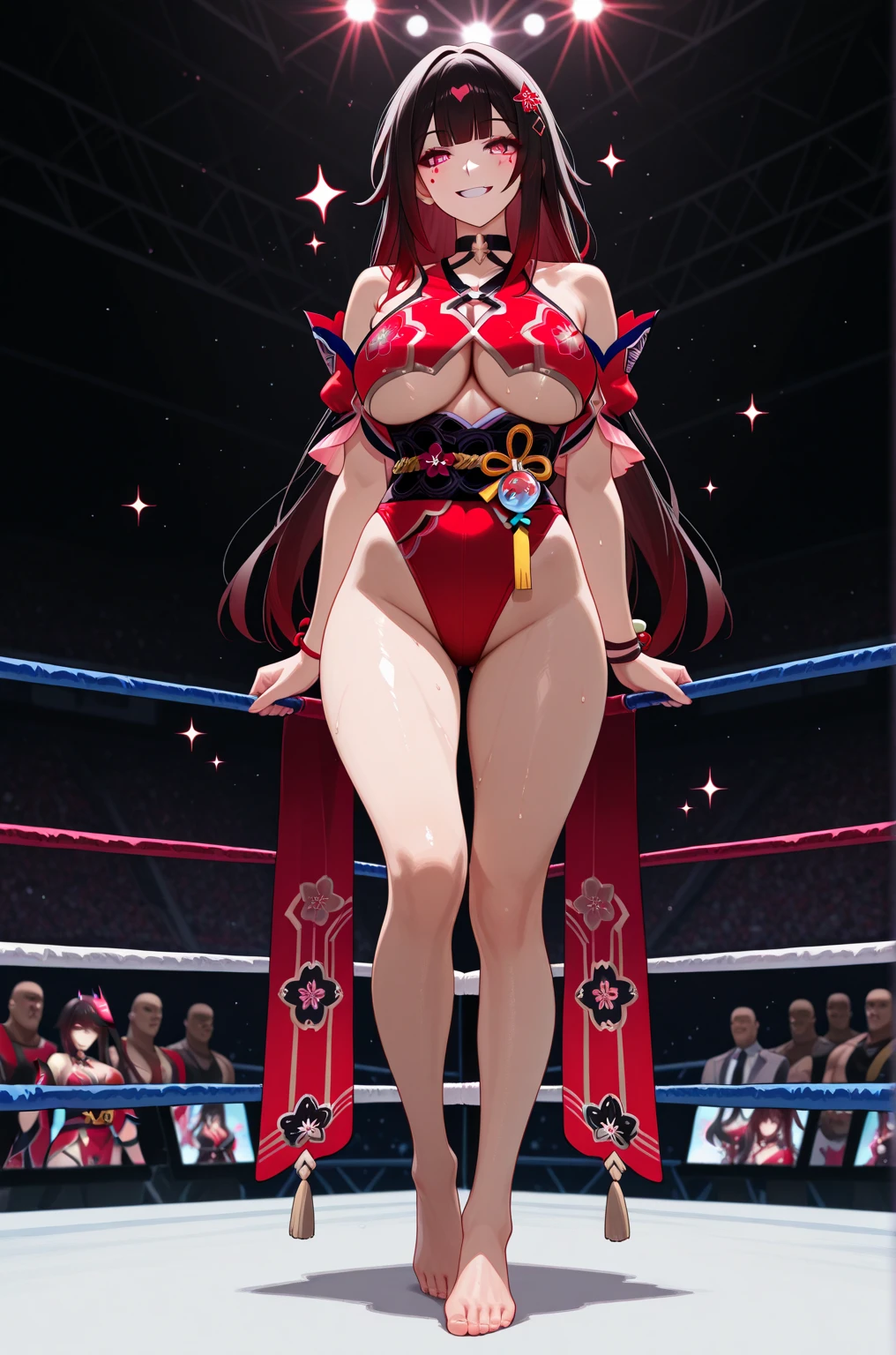 One woman,whole body,Standing,Big Breasts,Red hair,ponytail,wrestling,On the Ring,White leotard,Black leather boots