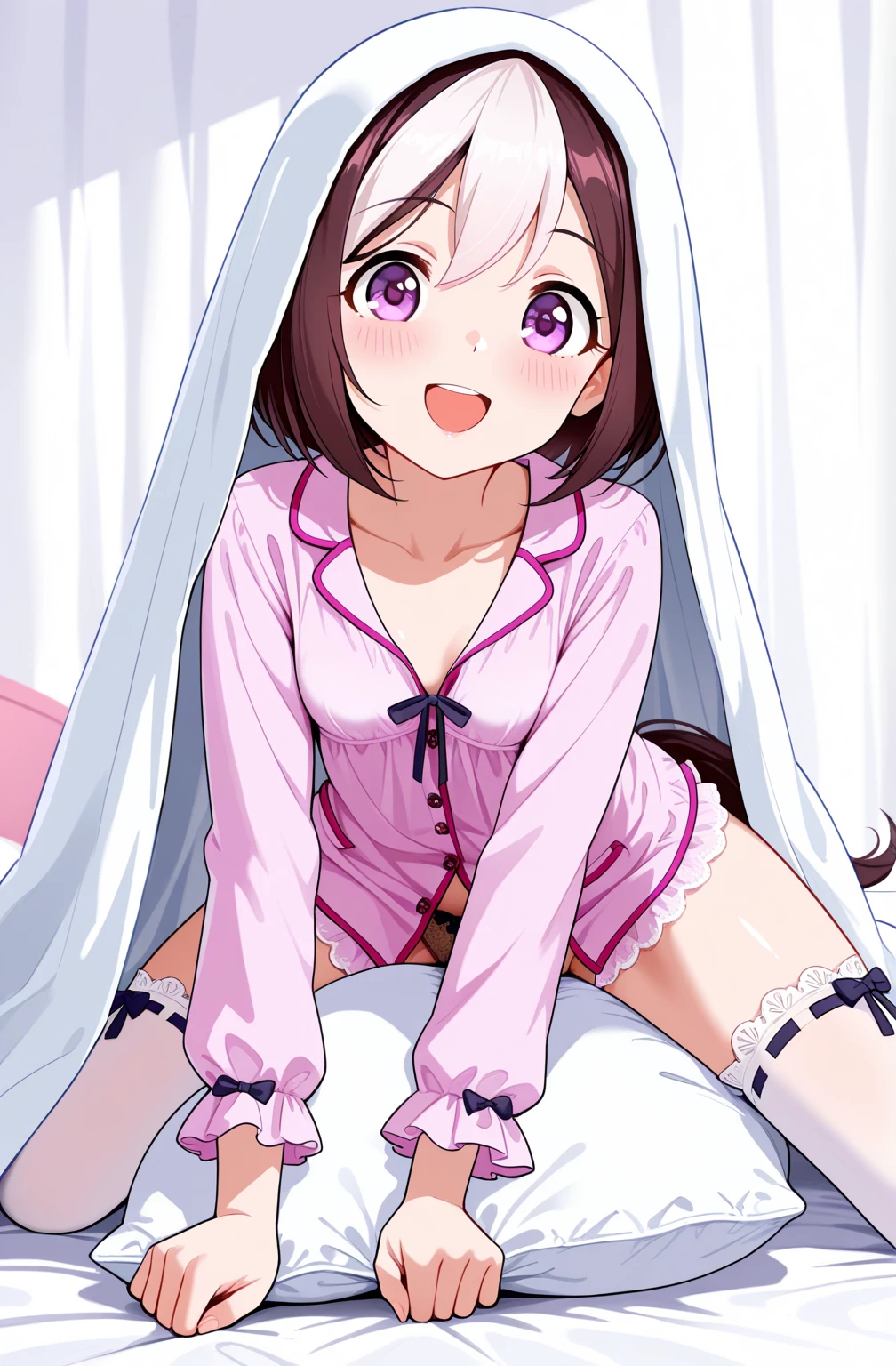 tennis girl's massive rear butt cheeks out of bottomless slutty mini sweater out bare and brown boots, showing her butt, lying down, on bed, wearing oven mittens under big pillow, blindfold