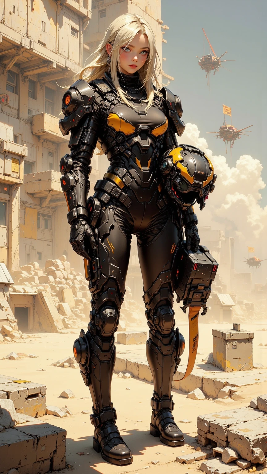 Amidst the haunting remains of a war-torn city, a solitary figure emerges. A young half-cyborg girl, her right arm gleaming with intricate metallic circuitry, navigates the rubble with grace. She clutches a tiny puppy against her chest, the soft beating of its heart serving as a reminder of life's resilience in the midst of destruction --auto --s2