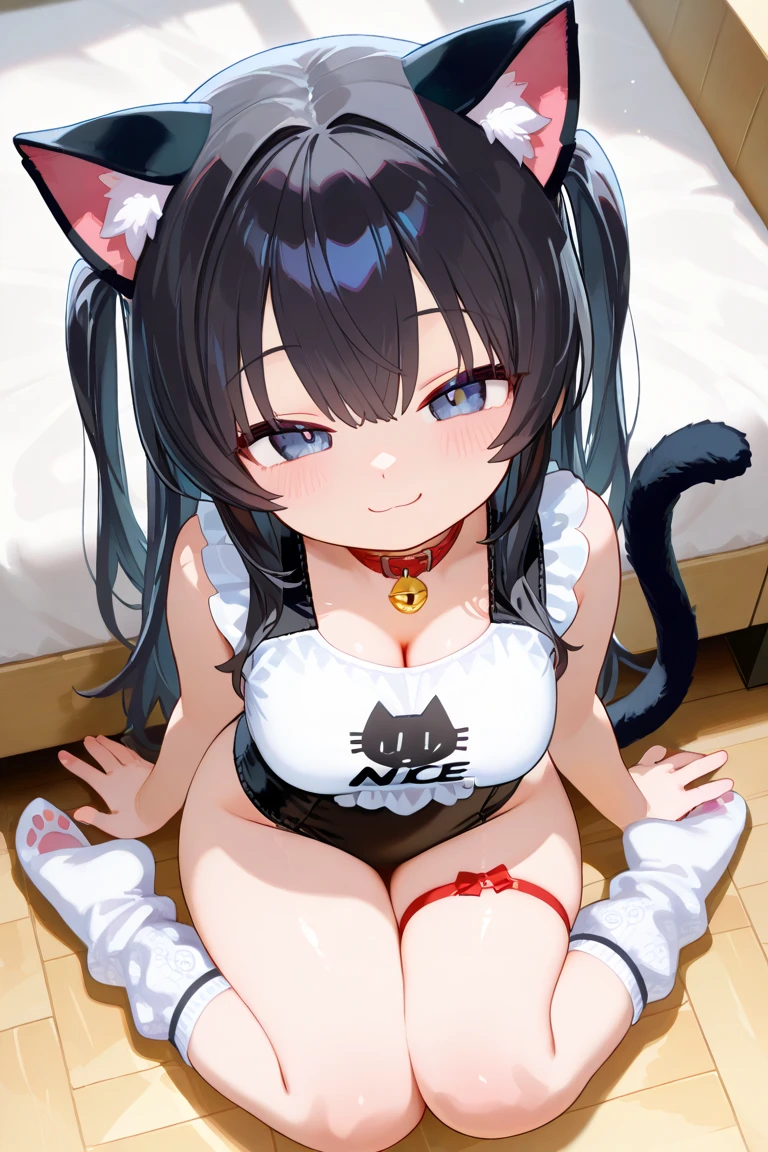 Taiwanese girl 18 years old with baby face and big breasts Asian woman wearing white shirt and black shorts lying on yoga mat,Anime Girls Cosplay,cat ears and tail, cat ears anime girl, Ahri from League of Legends is a girl wearing a maid outfit,have big breasts,There are three women in maid costumes,Doing push-ups on mat in gym,charming depiction,Lively and dynamic