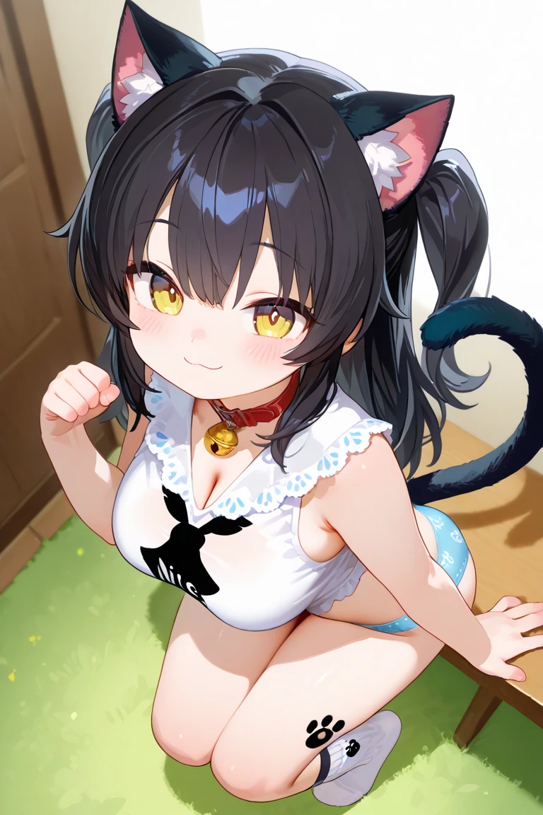 Cat ears girl、Girl with long black hair、(His blue and white checked shirt is unbuttoned、A glimpse of the orange bra)、(Blue it with your legs spread in an M shape、Showing off her cute white underwear)、(barefoot、cute leather shoes)、Short, big breasts, slender、Sisters give a double peace sign
