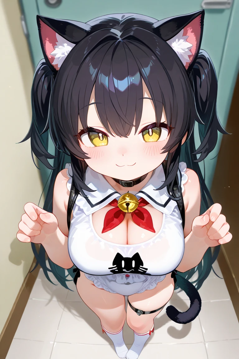 yunyun, black hair, hair ornament, red eyes, bow, braid, crown braid, large breast,BLACK BUNNY SUIT,BUNNY EARS,fishnet,from above,looking down on viever,eyes down,arms behin back,squinted eyes
