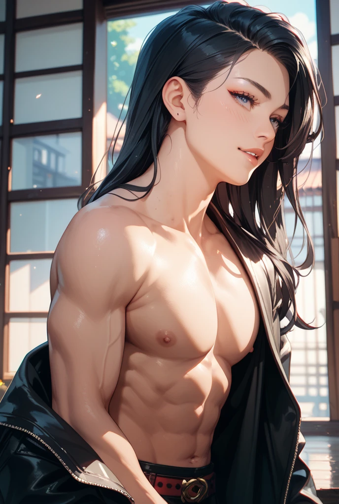 ((masutepiece)),((Best Quality)),(photographrealistic),(taking shower),(Separated lips),(Closed eyes),Thick eyebrows,drooing eyes,straight eyebrows,Falling eyebrows,(full lip),(Glossy lips),lip stick,blush,(Drunk),Beautiful,(A Japanese Lady),1girl in,(Pubic hair:1.6),(full :1.4),(slender),(curvaceous hips),(round hip),Muscular arms,Muscular legs,(Wet skin),(wide forehead),(Pulled back hair),braid,(Wet hair),(wide hips),Perfect Anatomy,(flat chest:1.4),Black medium hair,(Straight hair),Necklace,Accessories,(muscular:1.35),(Highly detailed face),Flowers