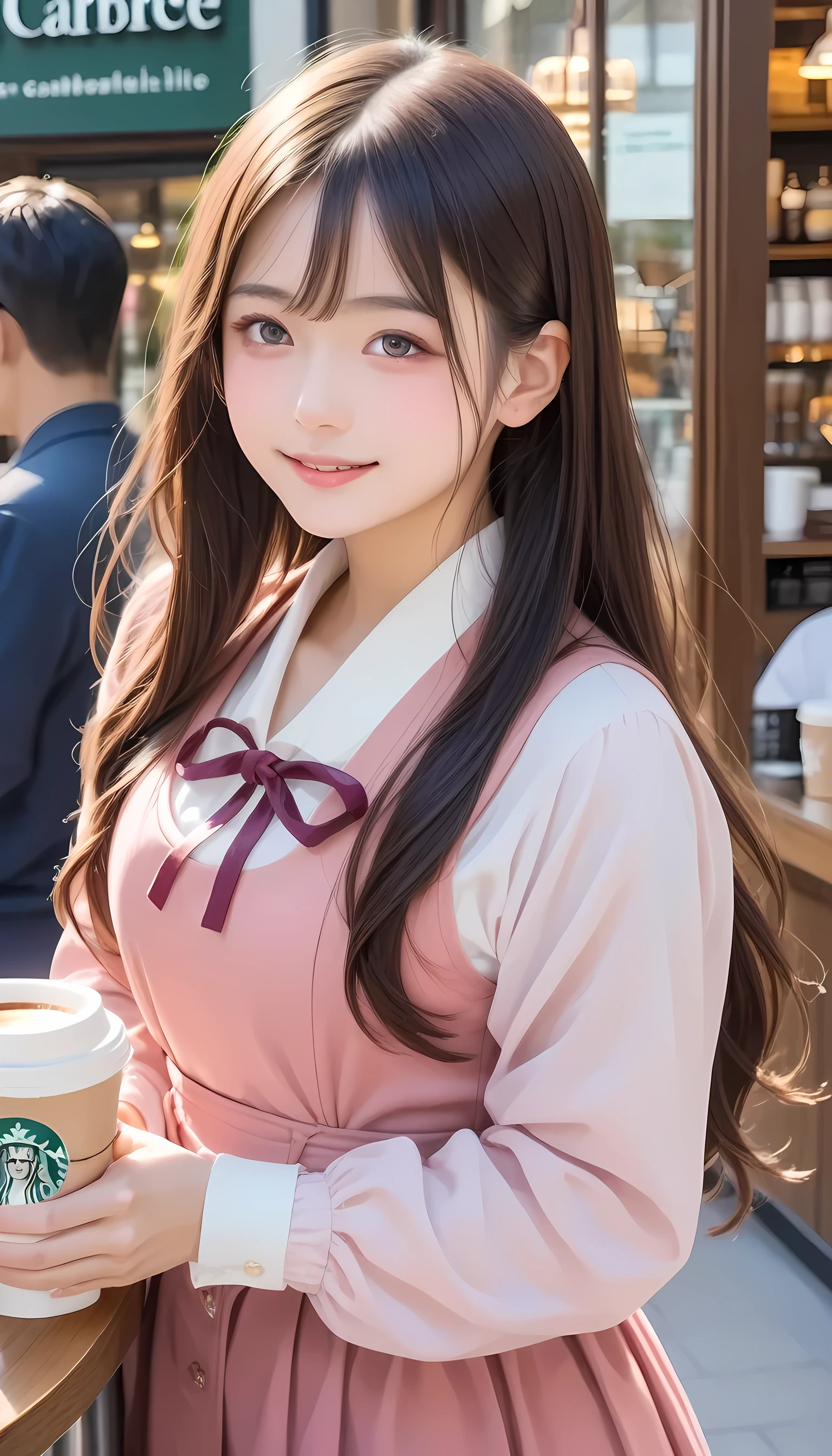  A beautiful Japanese woman wearing a pink dress is holding coffee in her hand at Starbucks coffee、Long Hair、Ultra high definition live action 、26 years old、Shiraishi Mai