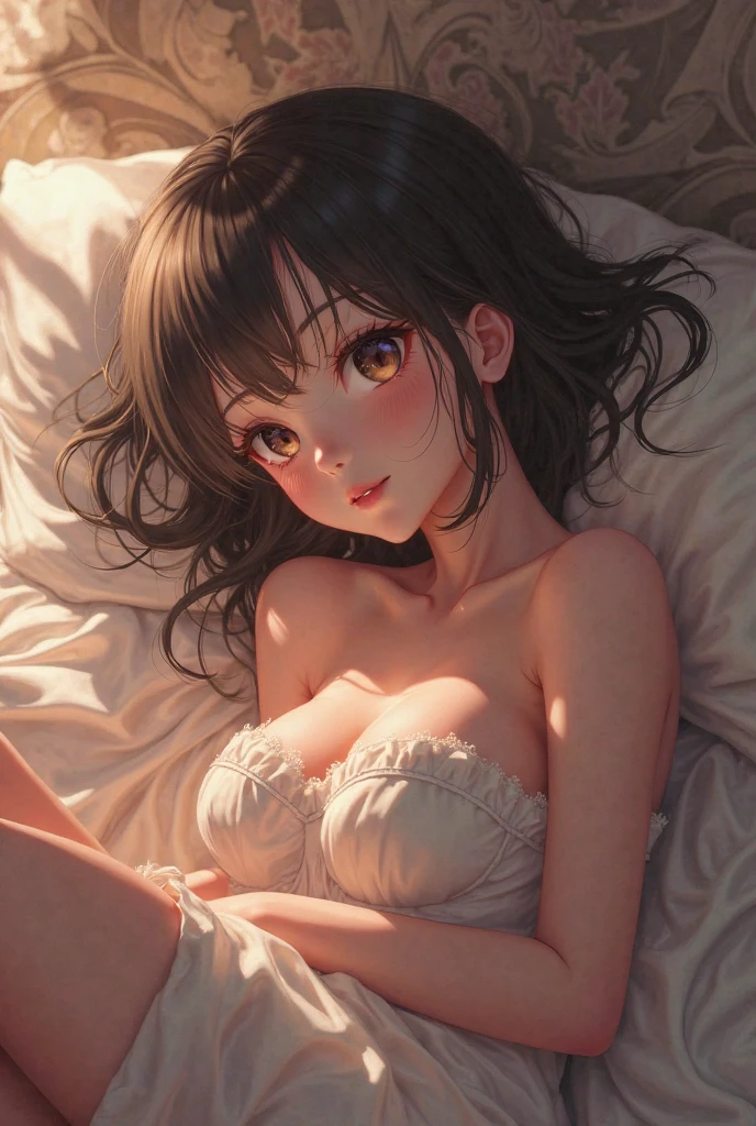 masterpiece,8K,highest quality,Super Resolution、Oversized nightwear、You can see the cleavage、Childish cuteness, Heartwarming, comfortable,Embarrassing, (masterpiece),Small breasts（:1.6）,Intimate,  morning, comfortable, Calm, Calm, quiet, Beautiful girl with perfect facial features,Lying in bed、Lie on your back and raise your arms up、The hairstyle and hair color change randomly.、Her breasts are overflowing and her nipples and areola are visible、Her chest is rolled up and spread open to reveal her nipples and areola、Wearing sexy lace panties、Take a full-body photo of her lying down、
