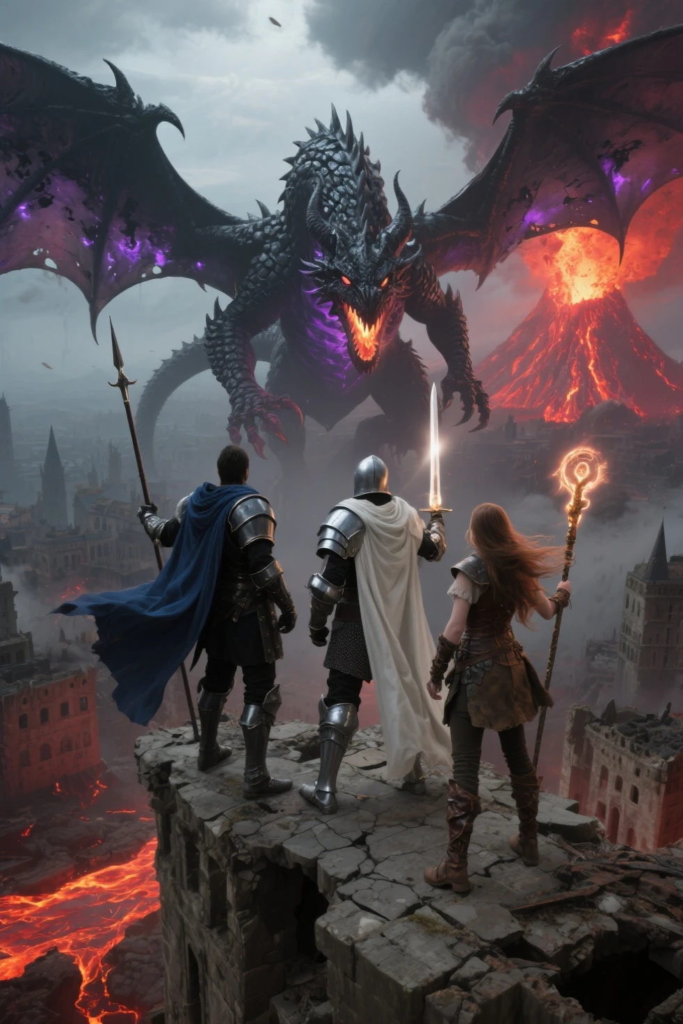 A highly detailed bird’s-eye view of an enormous, demonic dragon looming over a ruined medieval city. The monstrous creature is a fusion of dragon and demon, covered in charred black scales and pulsing with a glowing violet aura. Its giant wings are outstretched, breathing fire across crumbling stone buildings. The earth below is cracked and scorched, with molten lava cutting through the ground.
In the foreground, three brave warriors face the beast:
A knight in black armor and a flowing blue cape, holding a long spear defiantly.
A holy knight in gleaming silver armor and a white cape, brandishing a shining sword.
A female mage in worn leather armor, holding a long, glowing magic staff, her long hair flowing in the wind.
They stand on the edge of a collapsed tower, gazing up at the monster. Behind them, a volcano erupts, casting red-orange light across the smoky, apocalyptic sky.
Full body, high angle, cinematic, fantasy epic, dramatic lighting, extreme detail, tense atmosphere, dynamic composition.