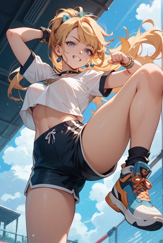 high quality,hd,16k,sharp line,1girl,female skateboard athlete ,cute face, large breasts, nice legs,hold a skateboard, sweat,in skateboard venue,focus girl,detailed beautiful face,detailed clothes,beautiful eyes,pretty,dynamic angle