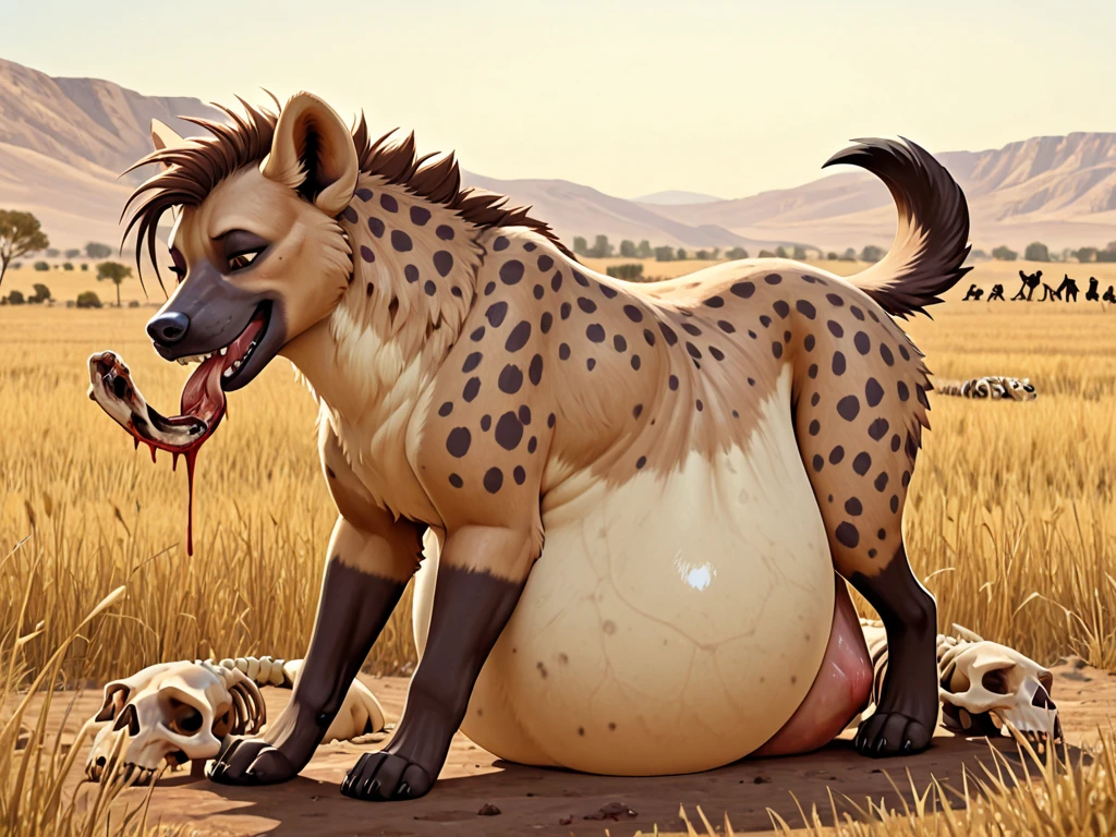 hi res, hyena, anthro, 4 fingers, blurred background, middle aged mature male in early 40's, musclegut, musclegut anthro, musclegut male, tail, standing outside in realistic detailed african savannah, solo, detailed background, by dramamine, by nanoff, by minedoo, by dream_and_nightmare, by horrorbuns, slightly fluffy detailed multi tone hyena fur, full body view, detailed hyena fur pattern, colors, and markings, very calm smug cocky face, very tough serious sexy pose, scruffy, frontal view, fully front facing view, african, tribal, very tall very fat and chubby very sexy stocky muscular body, dad bod, dilf, open mouth, showing teeth, detailed medium sized nipples, nipple tips and areolas, open eyes, pupils, summer, nude male, high quality, masterpiece, perked up ears, slightly hairy body, facing viewer, looking at viewer, smiling, smiling at viewer, without text, outdoors, closeup, dark nipples, detailed huge pecs and moobs, detailed slightly big belly, very realistic body proportions, very tough and manly, detailed hyena teeth, bottomwear, wearing detailed african tribal loincloth, belly overhang, detailed happy trail, hdr, 8k, detailed deep navel, detailed very long hyena hair, detailed very tough and manly mature tribal african hyena hairstyle, very detailed scars on body, wearing detailed african tribal necklace, detailed chest and belly hair, flexing muscles, showing off muscle to viewer, detailed armpit fur,