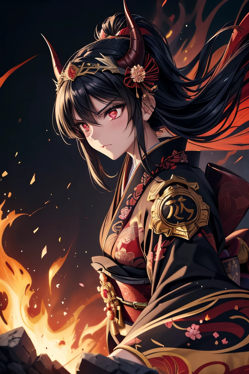 1girl, (final boss:1.4), (majestic presence:1.3), (traditional Japanese armor + elegant kimono fusion outfit:1.4), (long flowing black hair), red eyes, (ornate hairpins), (headdress with golden ornaments), (horns:1.2), (elaborate patterns), fluttering sleeves, (dark red and black color scheme), glowing aura, (ominous atmosphere:1.3), sakura petals swirling, standing atop temple stairs, (moonlit background), foggy battlefield, flames in distance, dynamic lighting, (smoke and sparks), (powerful stance), (piercing gaze), highly detailed, masterpiece, dramatic shadows, fantasy style, anime, ultra-detailed
