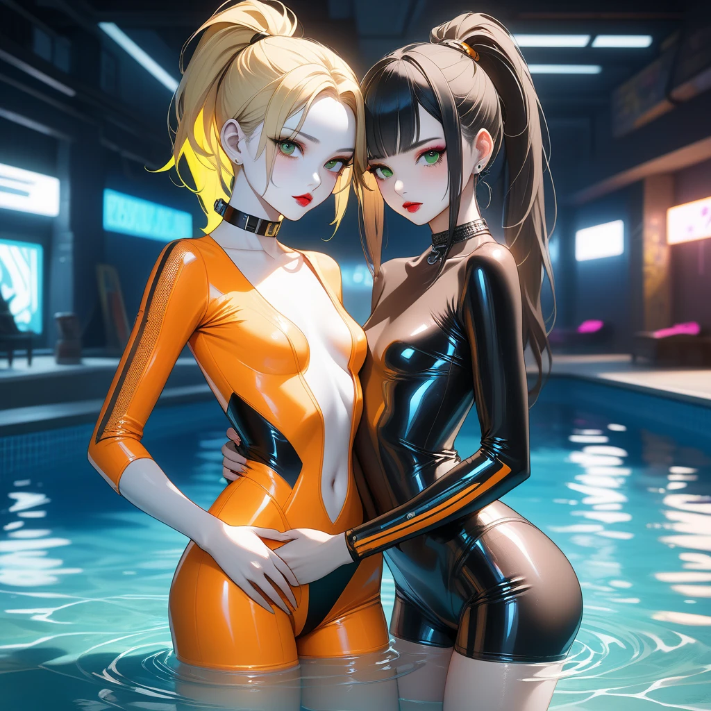 Two women hugging each other, Put your hands on your crotch, (One woman has green eyes, White skin, Long black hair, ponytail, choker, Small breasts, lipstick, compensate, eyeliner), (The other woman has blonde hair and brown eyes.), Wearing sexy neon clothes, In the pool, (Cyberpunk Theme), (masterpiece, Highest quality, 8K, Sharp focus, Depth of written boundary, Best Shadow, Perfect lighting, High resolution, Realistic skin texture, Highly detailed and detailed background),