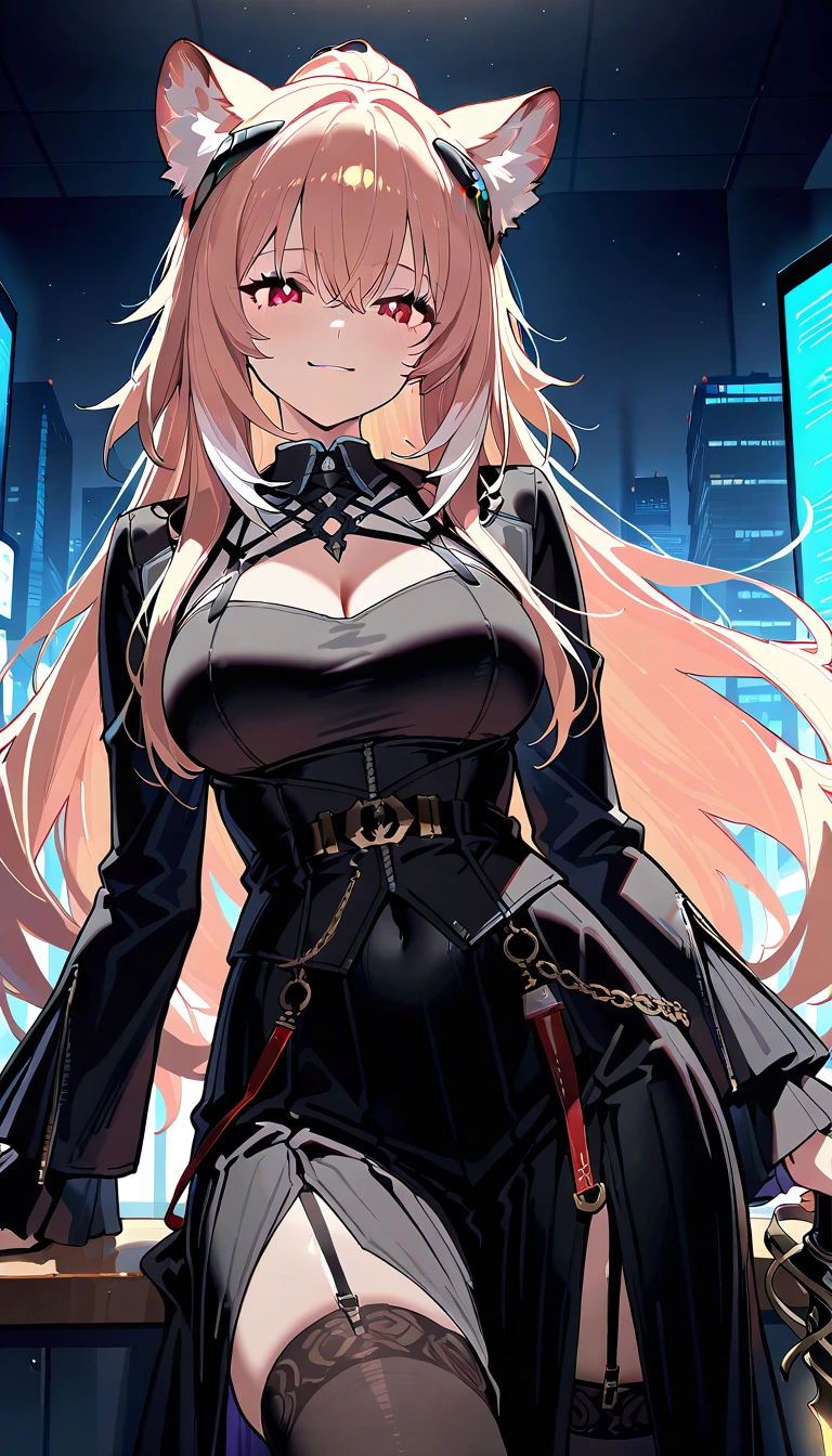 Enchanting Rogue」Sensual vampire dressed in short purple clothes、Staring at the viewer、Flowing blonde hair、menacing gaze、Sparkling vampire fangs、Staining her pale face、Large, sharp claws are ready to pounce、In a dark vision of the city at night