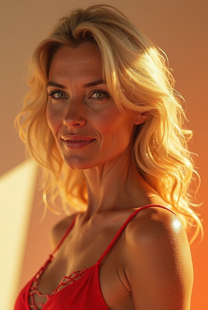 (a 40-year-old blonde woman in a restaurant, full body, close-up, sexy skirt clothing, cleavage, clear facial features, cinematic, 35mm lens, f/1.8, accent lighting, global lighting), high-res, ultra-detailed, realistic, oil painting style, vibrant colors, warm hues, soft and diffused light