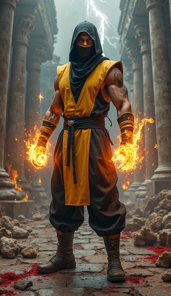 1man, shirtless, martial arts, yellow bandana mask, white eye patterns with black outline , muscular, green costume, yellow belt and boots, burning fists, black dragon tatto in middle chest, mystical city background
