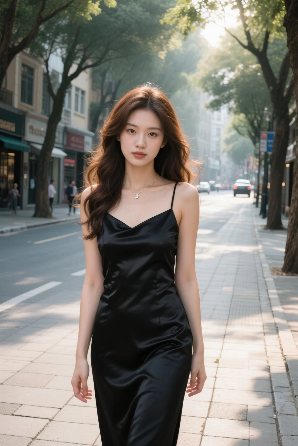 17 year old girl, Lovely, freckles in the face, orange hair, very short, Very curly, slim, flat bust, con freckles in the face, with slavic features, with long sleeve black dress, whole body, shows her legs, standing, In the woods.