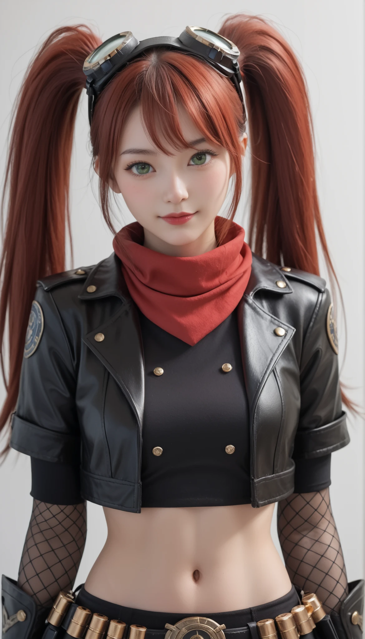 score_10,score_9,score_8_up,score_7_up,super detailed, perfect eyes, realistic eyes, smiling, blushing, high resolution, pale skin, realistic pupils, highly detailed pupils, pupils, shadow, cowboy shot, anime style, (upper body:1.5), 1girl, laylablazing, very long hair, red hair, twintails, bangs, green eyes, mascara, goggles on head, leather jacket, cropped jacket, midriff, navel, black skirt, red scarf, belt, bullet, bandolier, gloves, fishnet thighhighs, boots