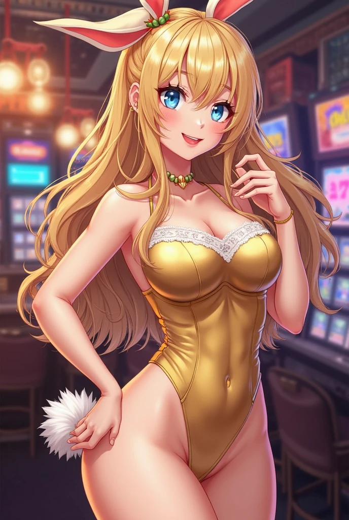 (Highest quality, 8k, 32K, masterpiece, Ultra-high resolution,:1.2),to be born, One Girl,So cute , Casino-like fantasy background, clear, Shining Eyes, Age 25 ,Fair skin, Blonde girl, Fantasy Clothing, Long Hair, An innocent smile, Large Breasts, Big Breasts, dress, night, Bunny girl, Rabbit Ears,Nyan Nyan Pose,sexy,