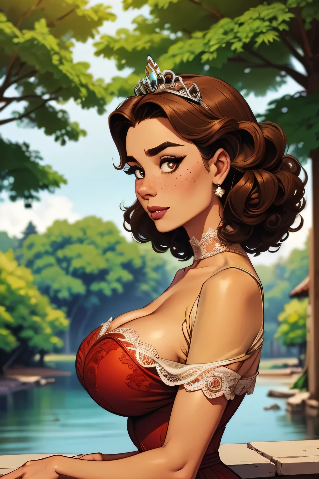 ( Absurdo, hd , Ultra detailed, be careful with your hand ) Close-up view of a slim and athletic woman, 25 anos, 8k (( high definition )), thoughtful face, look seductive, brown eyes sweater, wears a royal red high-waisted long dress (( with lace V-neck , renda chantilly, tiara, short sleeves )), thin waist, arms at her sides, pele branca, brown hair (( Short and curly )), She's in a jungle (( upper body, side view )), with freckles on the neck and breasts , (( big round breasts, suaves )), (( Well defined collarbone)). Marvel style (( hq )), Forest with river in the background.