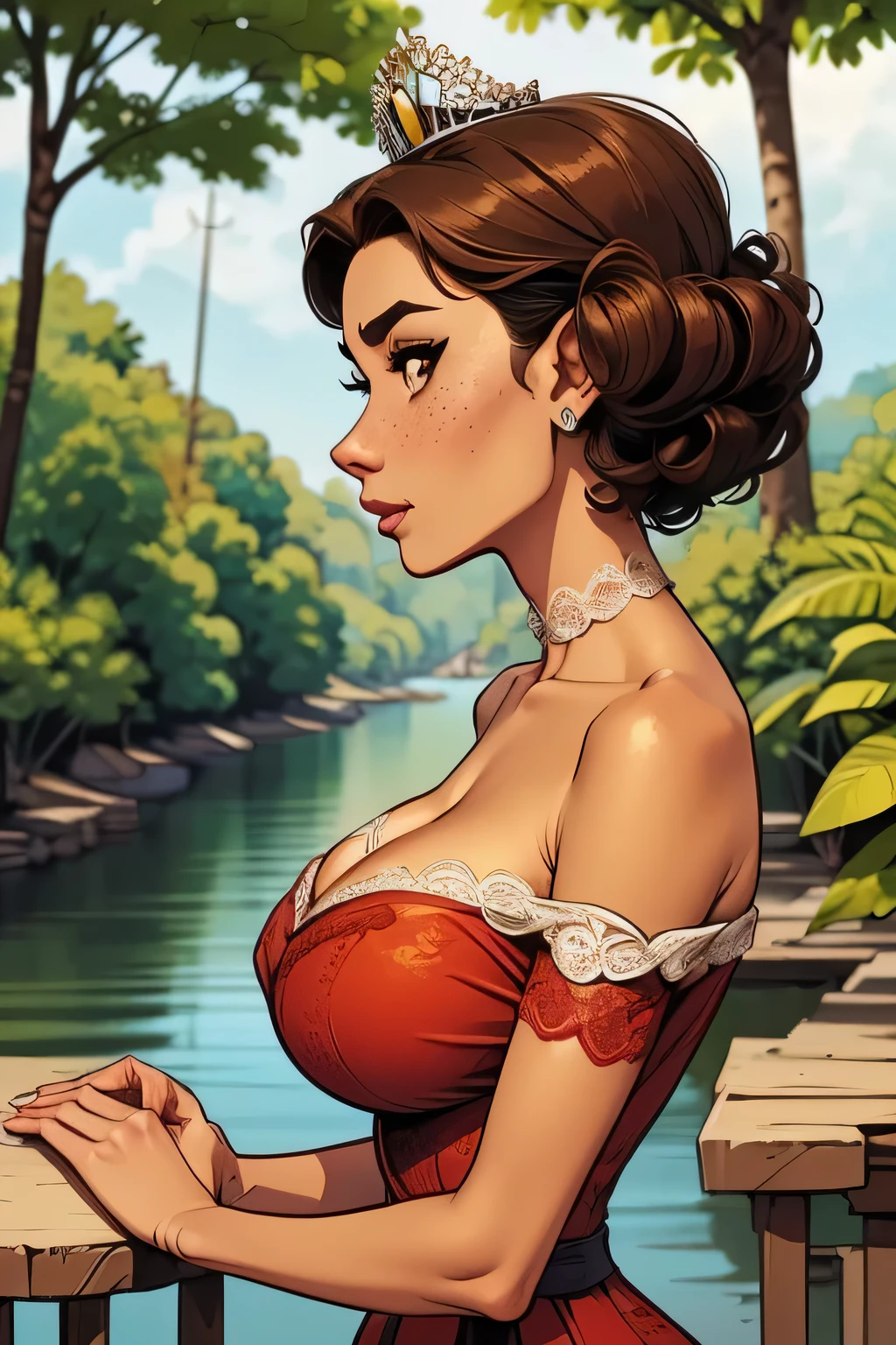 ( Absurdo, hd , Ultra detailed, be careful with your hand ) Close-up view of a slim and athletic woman, 25 anos, 8k (( high definition )), thoughtful face, look seductive, brown eyes sweater, wears a royal red high-waisted long dress (( with lace V-neck , renda chantilly, tiara, short sleeves )), thin waist, arms at her sides, pele branca, brown hair (( Short and curly )), She's in a jungle (( upper body, side view )), with freckles on the neck and breasts , (( big round breasts, suaves )), (( Well defined collarbone)). Marvel style (( hq )), Forest with river in the background.