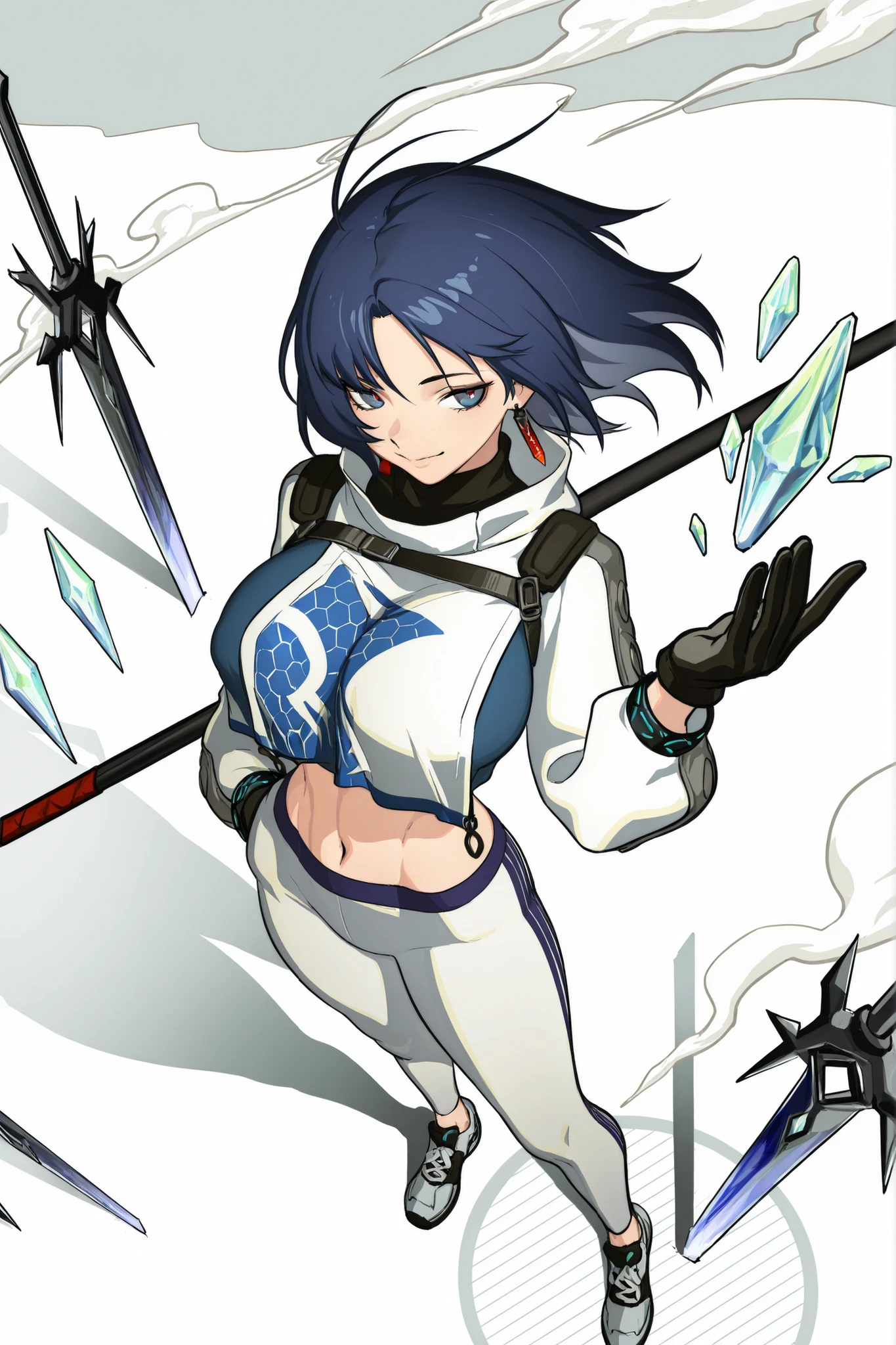 ((arknights),elite ii (arknights),original,ArkElite2, full body), {artstyle: iwao178,nia4294,henriiku (ahemaru),(ryuuzaki ichi),ilya kuvshinov,baffu,hitoyo,professional artist,detailed anatomy},{masterpiece, best quality},young girl,adult,1girl,solo,(large breasts:1.7), narrow waist, linea alba,navel, slim body, tall body, slim legs,shrug (clothing), cropped shirt, ((breast curtain)),midriff, layered clothes,long sleeves, layered clothes, jacket, blue shirt, white shrug,yoga pants, white pants, (blue trim, hexagon print), blue shoes, blue eyes, blue hair, medium hair, curtained hair,parted bangs,smug, seductive smile, (white background,limited background, unfinished background,((crystals)), broken crystals, floating crystals, crystallized weapons, crystallized swords, crystallized spears, road,smoke, wind,cloud), hand up, open hand,hand in pocket, trench coat, popped collar,black gloves, ((dynamic angle, from above,foreshortening)),floating hair,