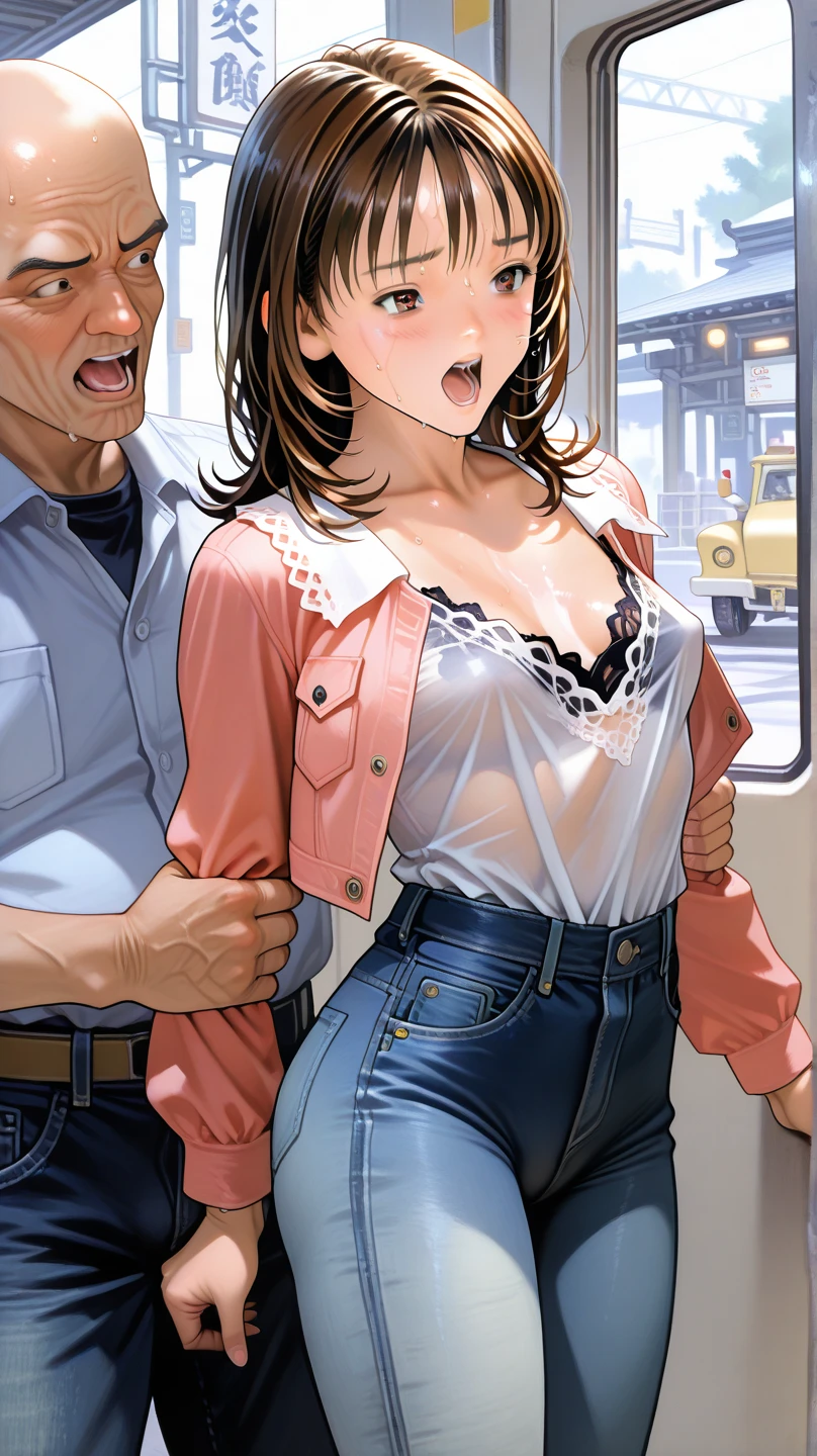 nsfw,hyperrealistic smooth anime,adult curvy gyaru,tanned gyaru,young casual boy holding woman in left arm from behind and grabbing her breasts,dark brown hair,earring,off-the -shoulder plain blouse,patterned short skirt,(happy and embarrassed),at train,in heat,look at man,sideshot,sweaty