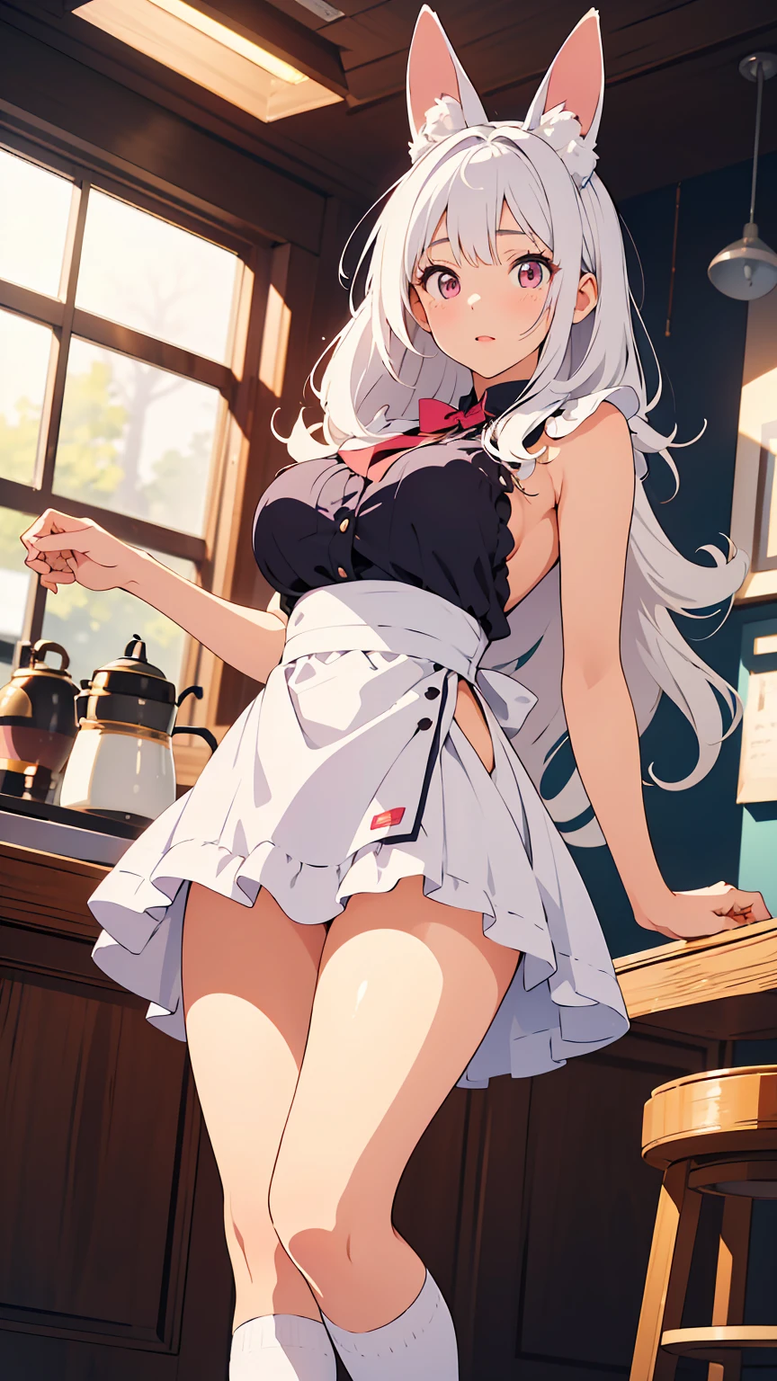 The body is slim、Masterpiece、Highest quality、Highest quality, (long and thin legs, shoes:1.2), Arm behind wrist, Standing posture、1 girl, Ahegao, Cute eyes, Detailed face、black eye, Open your mouth, The whole face turns red, alone, Big and ample breasts, (Straight bangs, Twin tails), White maid outfit、Side bust、Underbust、belly button、Walking through the mansion&#39;corridor