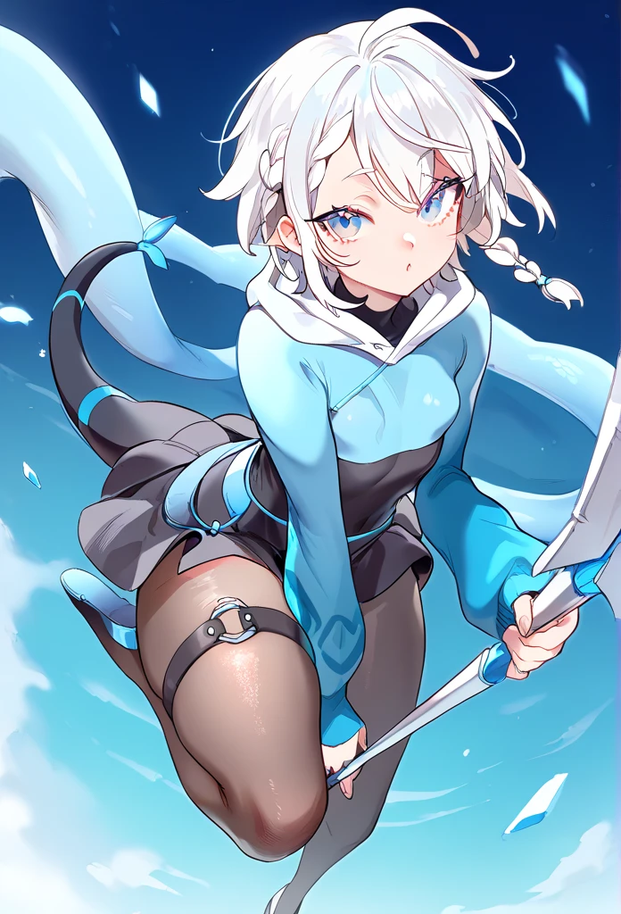 Blue Cape、Gray Hair、blue eyes、Wizard、broom、cool、(Wizard's Hat)、iceberg、、cute、Small breasts、hoodie、Shorts、Long socks