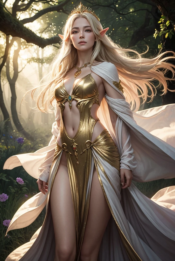 (Digital Art, meisterwerk) shining holy like a female saviour full perfect body slim extremely beautiful powerful mighty perfect face of a silver hair golden eyes 23 year old woman, white revealing glowing silk robes held only over oneshoulder  without sleeves , in a dense misty mysterious jungle palace, dramatic powerful lighting