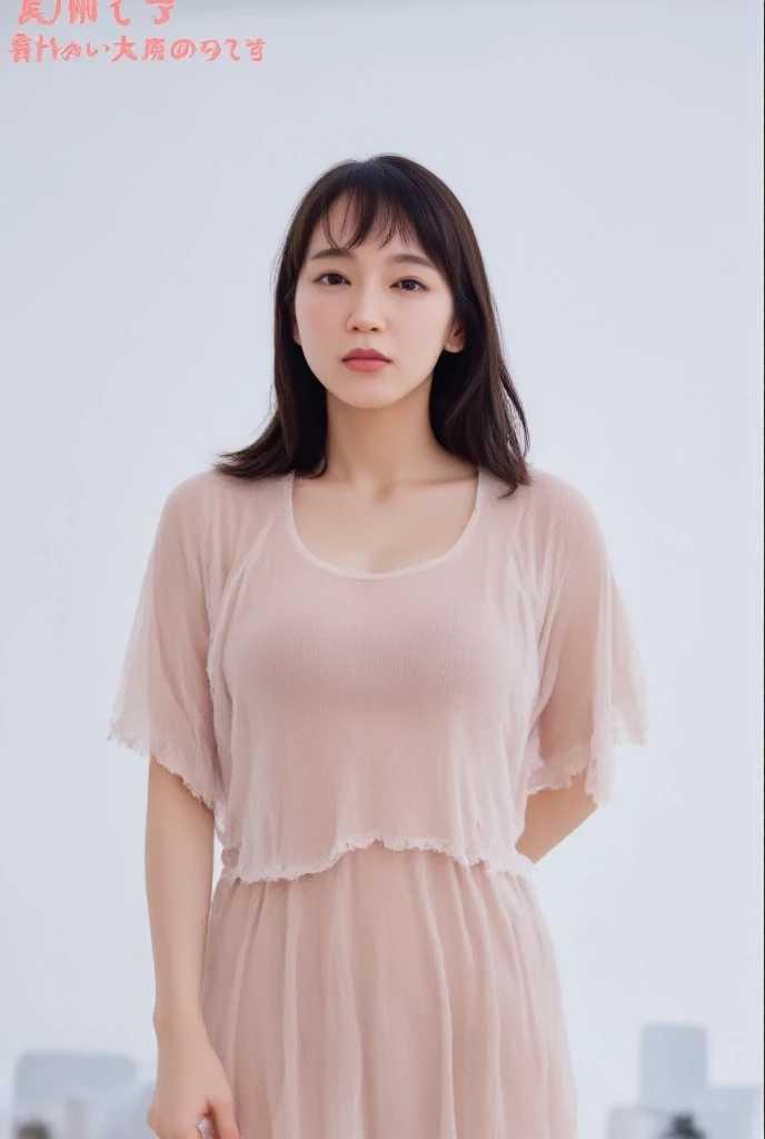 The scene is in a dark bar、Western dress、Her pink nipples are visible through her white underwear, which is so transparent that you can see her bare skin.、Black pubic hair visible through white panties、Chubby、Obese、Big Breasts、Front full body style、short hair、Big Ass、The woman is facing forward with her legs open to the left and right.、