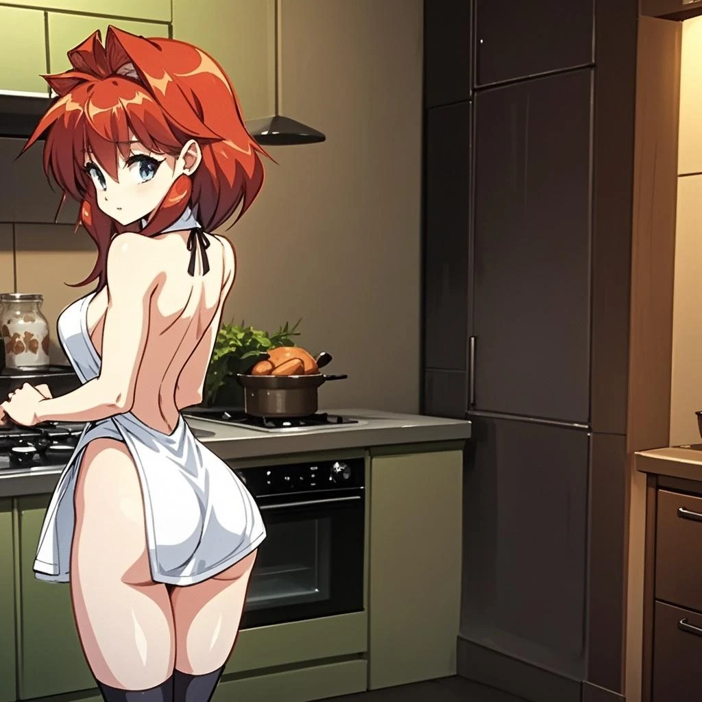 naked apron, gigantic breasts, smile, wide hips, indoors, kitchen, curvy, from side, lips, ponytail,