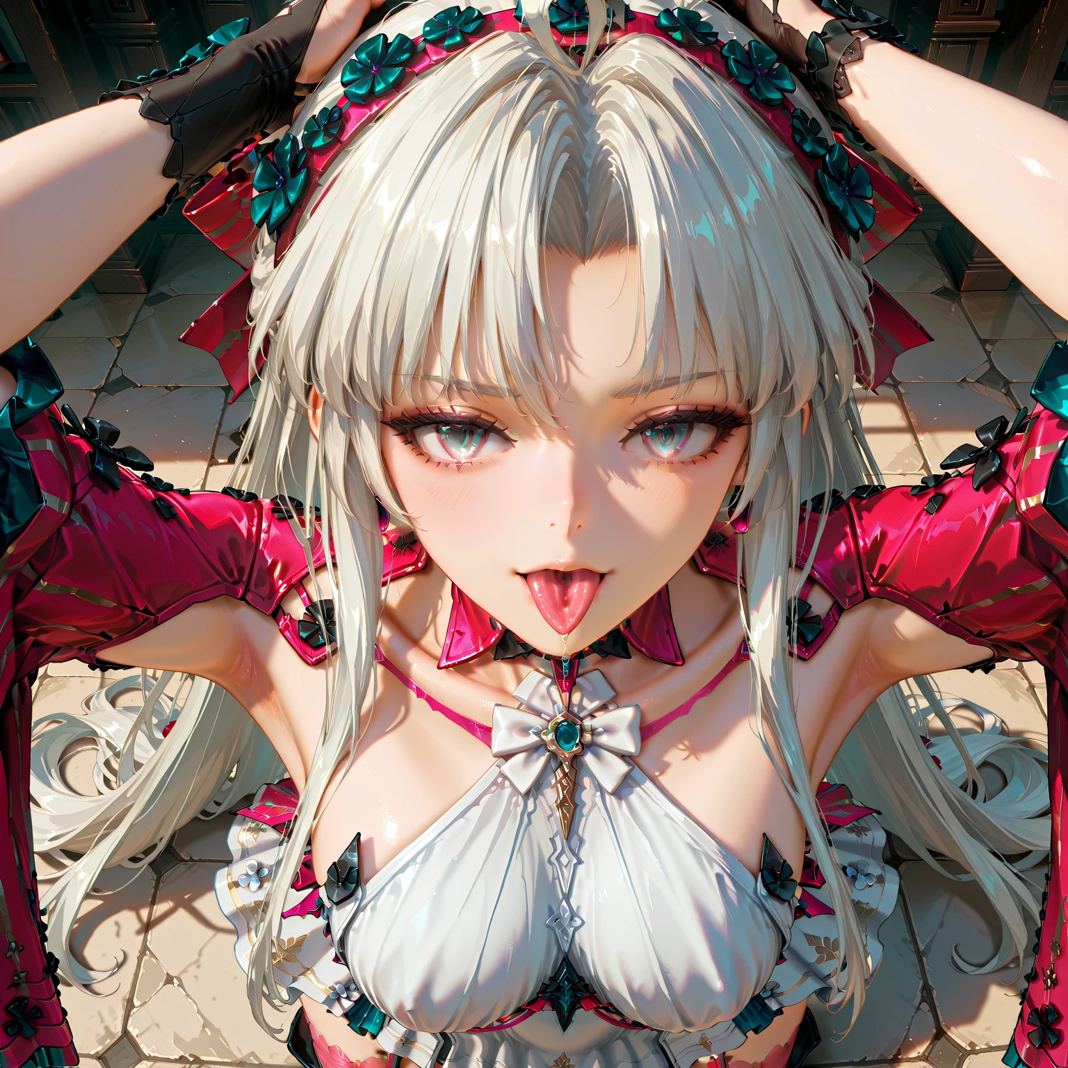Silver hair, pink eyes, body, cat ears, woman, earrings, fantasy background, pink red clothes, hair bows, happy face