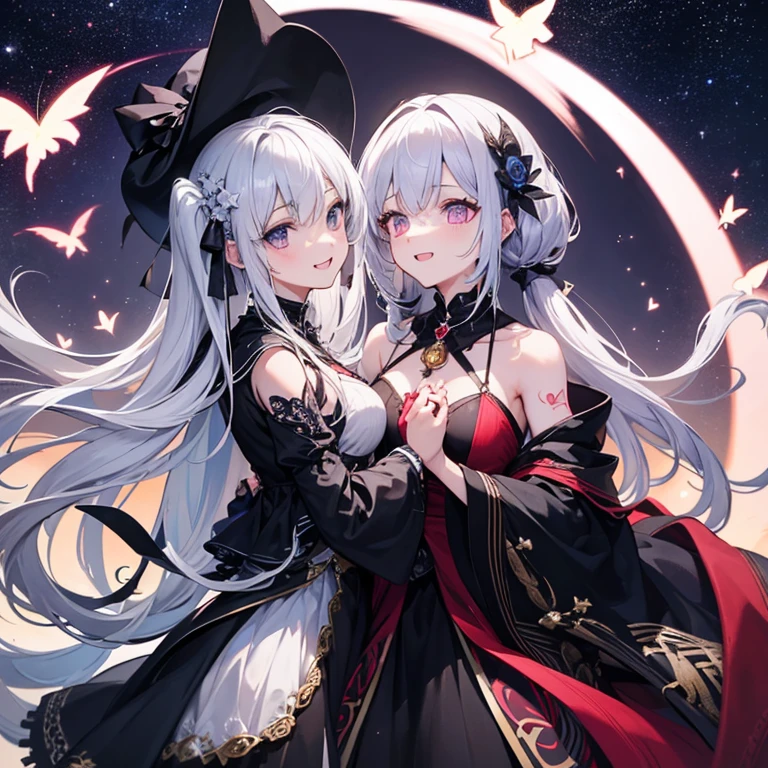(((yuri))), (((2 girls))), traditional witch outfit, hat, absurdres, RAW photo, extremely delicate and beautiful, masterpiece, Best Quality, ultra high resolution, 32k, hyperrealistic, ultra-detailed, detailed description, perfect anatomy, pale skin, 20 years old, detailed beautiful face and eyes, tearful mole, earring, short medium hair, wavy hair, random colored hair, whole body shot, colossal tits,