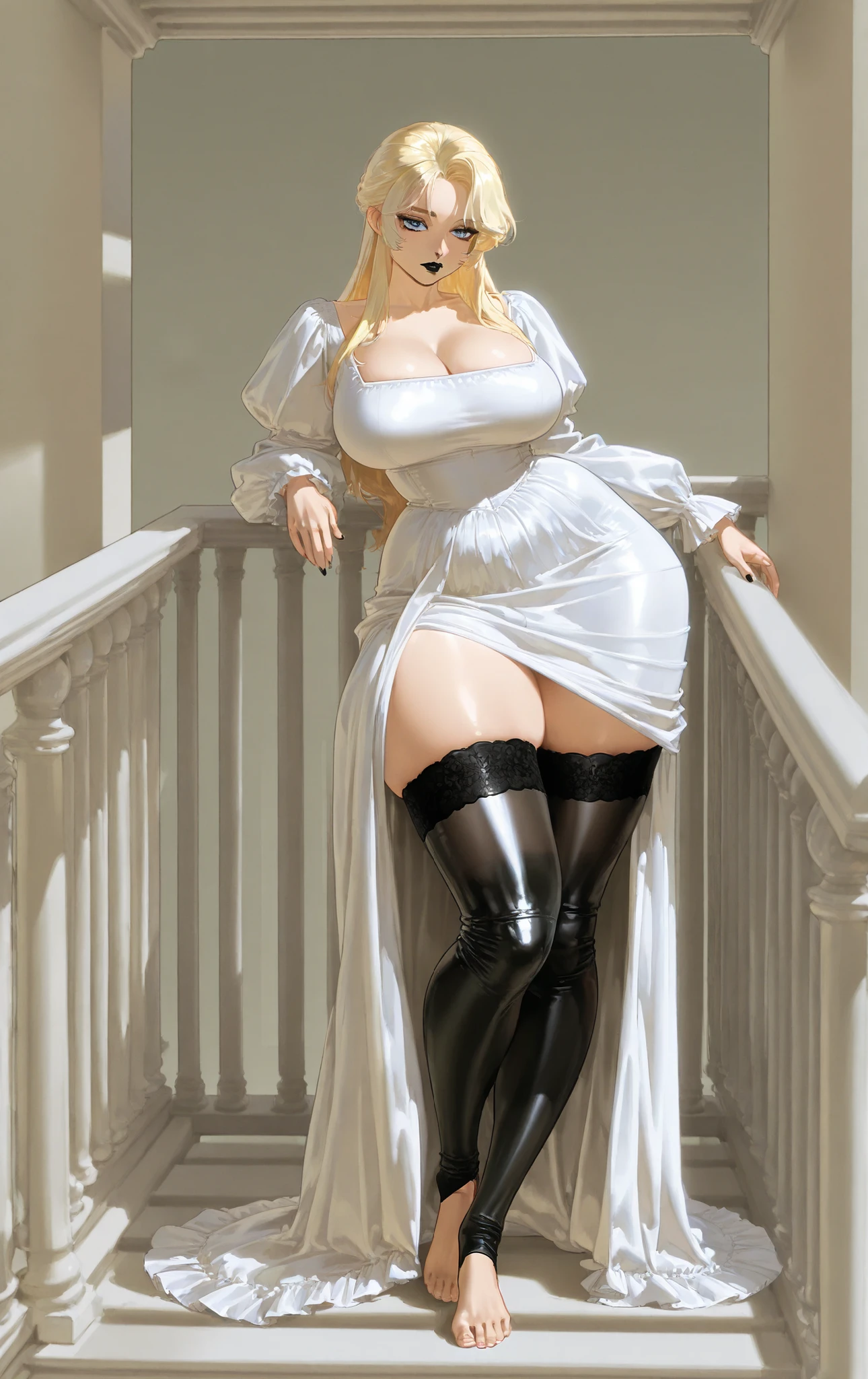 Standing, big breasts, plump, pretty face, thick body, blonde hair, hands covering eyes, seductive expression, showing a happy smile, showing armpits, masterpiece, super mass, 4k quality, high detail, elf mother, black nun turban, lace skirt, cleavage, white tights, sweaty, hands on the back of the head, lying on the ground, wet clothes, see-through, water vapor, elevation view, add_detail:1.5