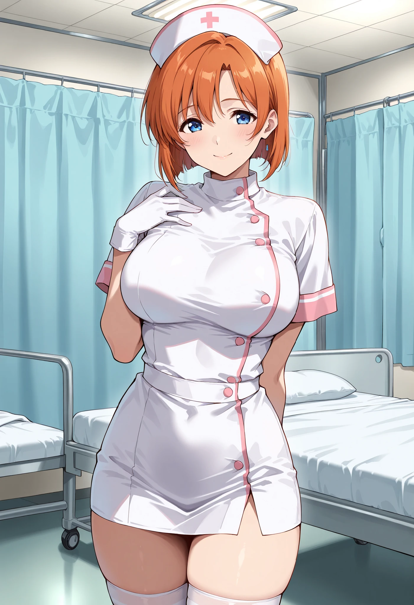 1girl, solo, nurse, nurse cap, white wear, ((white legwear, zettai ryouiki)), white gloves, very short hair, orange hair, smile, open mouth, standing, ((hospital room)), sharp outline, short sleeves, tomboy, boyish, best quality, masterpiece, huge breasts, cleavage