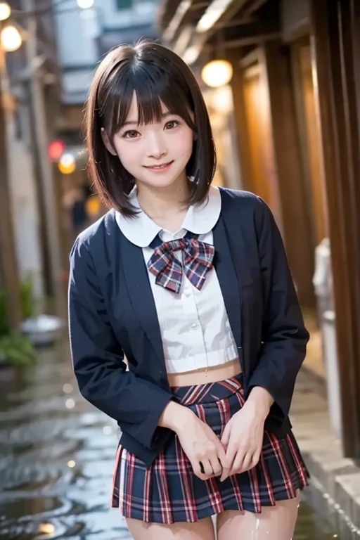 One Woman、((Standing wearing a blazer and miniskirt school uniform))、Primary school students,((small breasts)),Highest quality、Very delicate and beautiful、((Very short bangs))、((Bangs))、Shiny black hair、Highest quality、Very delicate and beautiful、((Very short bangs))、((blunt bangs))、((long hair))、Cute face、Young face、Cute like an idol、Are thin、Slim figure、slender、Short、 body type、((The background is a Japanese townscape))、Thighs、Photographed from the front、The best smile、