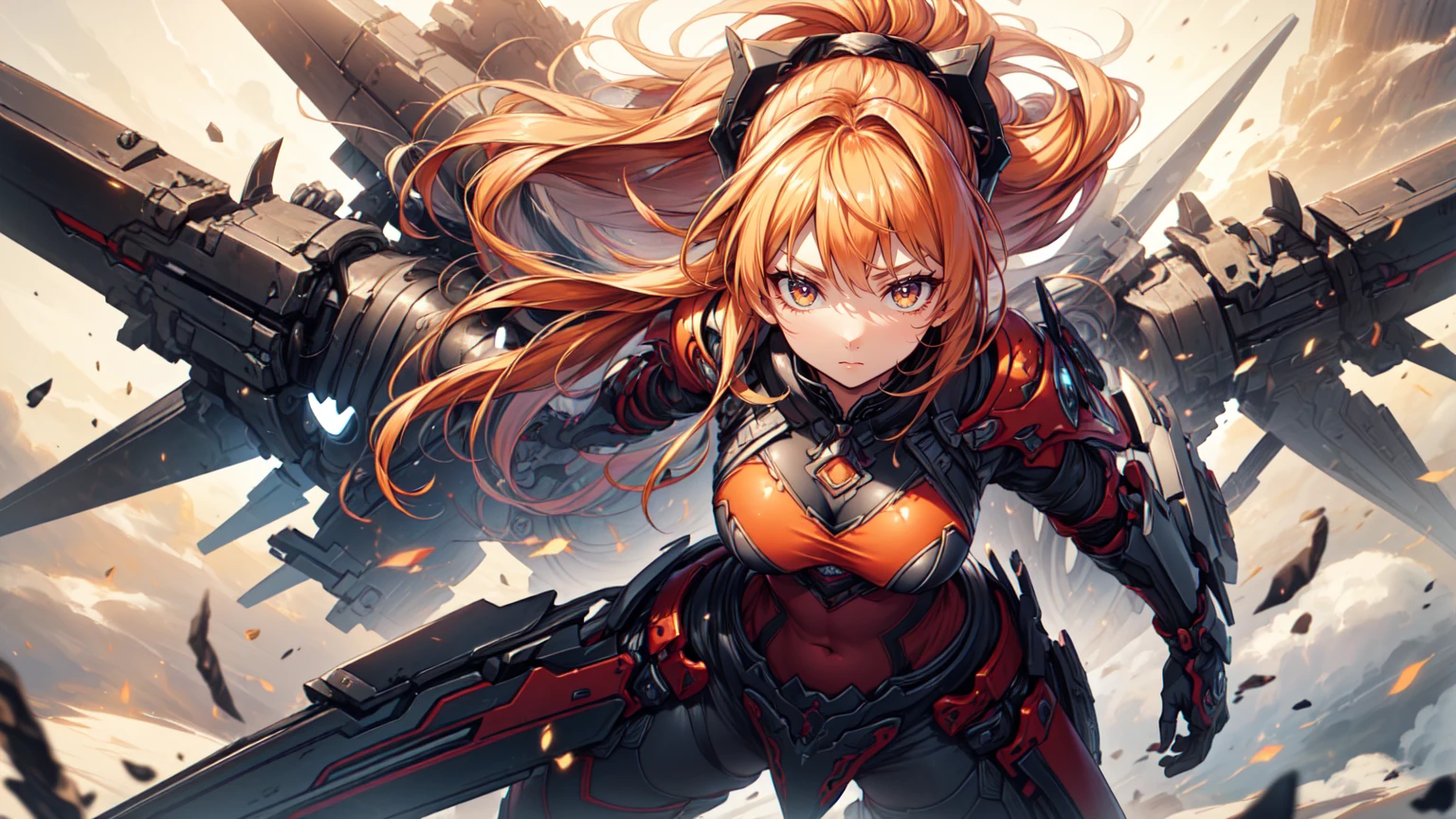 ((master piece)),best quality, illustration, 1girl, large breast, beautiful detailed eyes, beautiful detailed hair, (floating long hair), beautiful detailed street, mecha clothes, robot girl, cool movement, (filigree), colorful background, mecha, mechanical_body,   <lora:Mecha_V2:1>