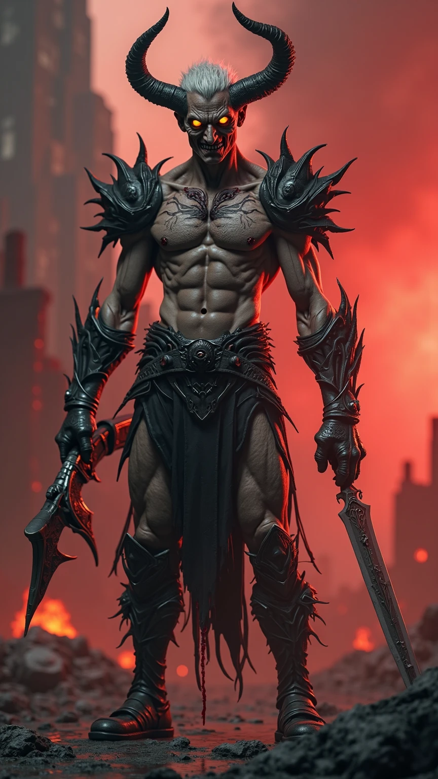 male demon, thick black hair, muscular body, red skin, with four thick arms and metal gauntlets with claws, chain armor on the chest and demonic pants, metal boots, walking in a volcanic valley.