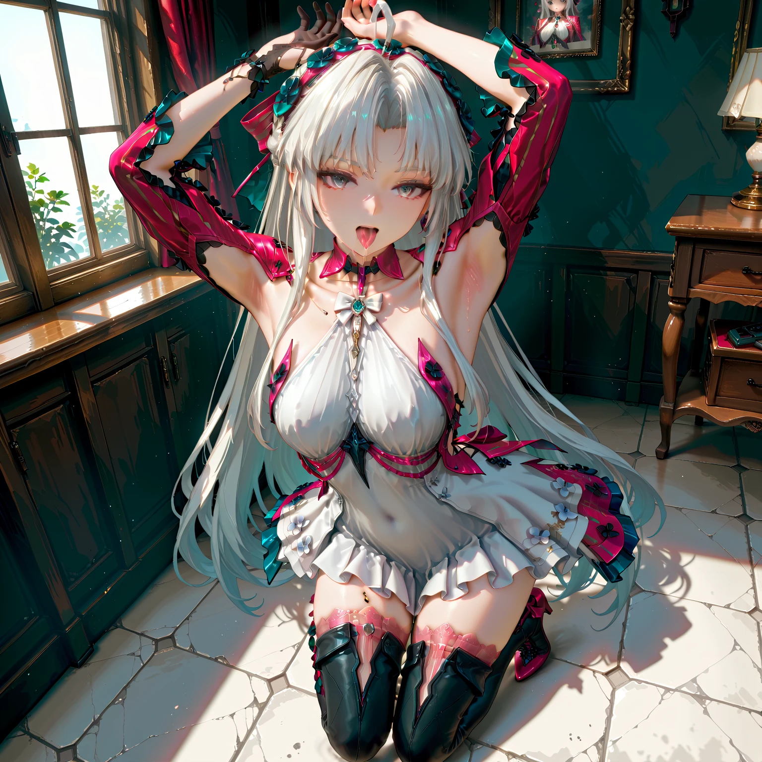 (8k, RAW photo:1.2), (soft focus:1.4), solo, creepy, decadent zombie woman, (bright: 0.7) jade eyes, brightly colored, sitting on the floor, legs open, knees up, groin sight, pale white skin, messy and unwashed white hair, body wounds, half-skull face, in action, (bad: 1.4), (crazy look), (laughs), reaches out to the viewer,  Pale pink arteries, dressed in a magical sukajan with bright runes, cinematic, faded colors, dark photo, muted colors, grainy film, lut, insane details, intricate details,