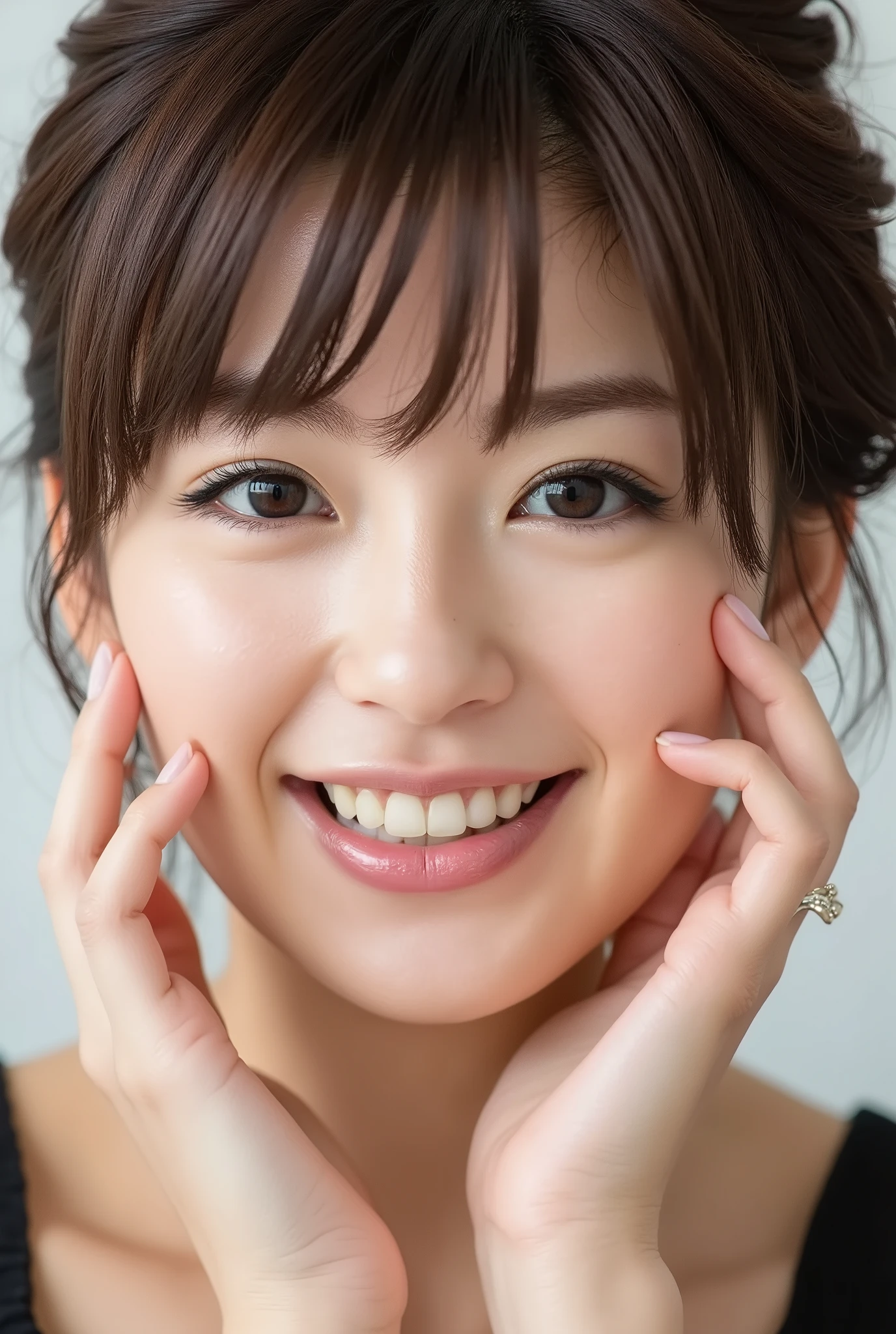 extreme close-up portrait of a beautiful young Japanese woman, ultra photo-realistic, extremely detailed skin texture and pores, cinematic natural lighting, realistic facial proportions, joyful expression, slightly parted glossy lips, cheeks flushed with happiness, face taking up 95% of the frame, moist eyes gazing directly at viewer, dazzling multicolored irises with high gloss and inner reflections, crystalline texture in eyes, clear heart-shaped catchlights, subtle tears of joy, slightly teary gaze full of affection, warm soft light reflections, black camisole, white neutral background, minimalistic styling, both hands softly framing face with relaxed fingers, head slightly tilted, no anime style, no illustration, no cartoon, modern high-resolution photo aesthetic, shallow depth of field, cinematic bokeh
