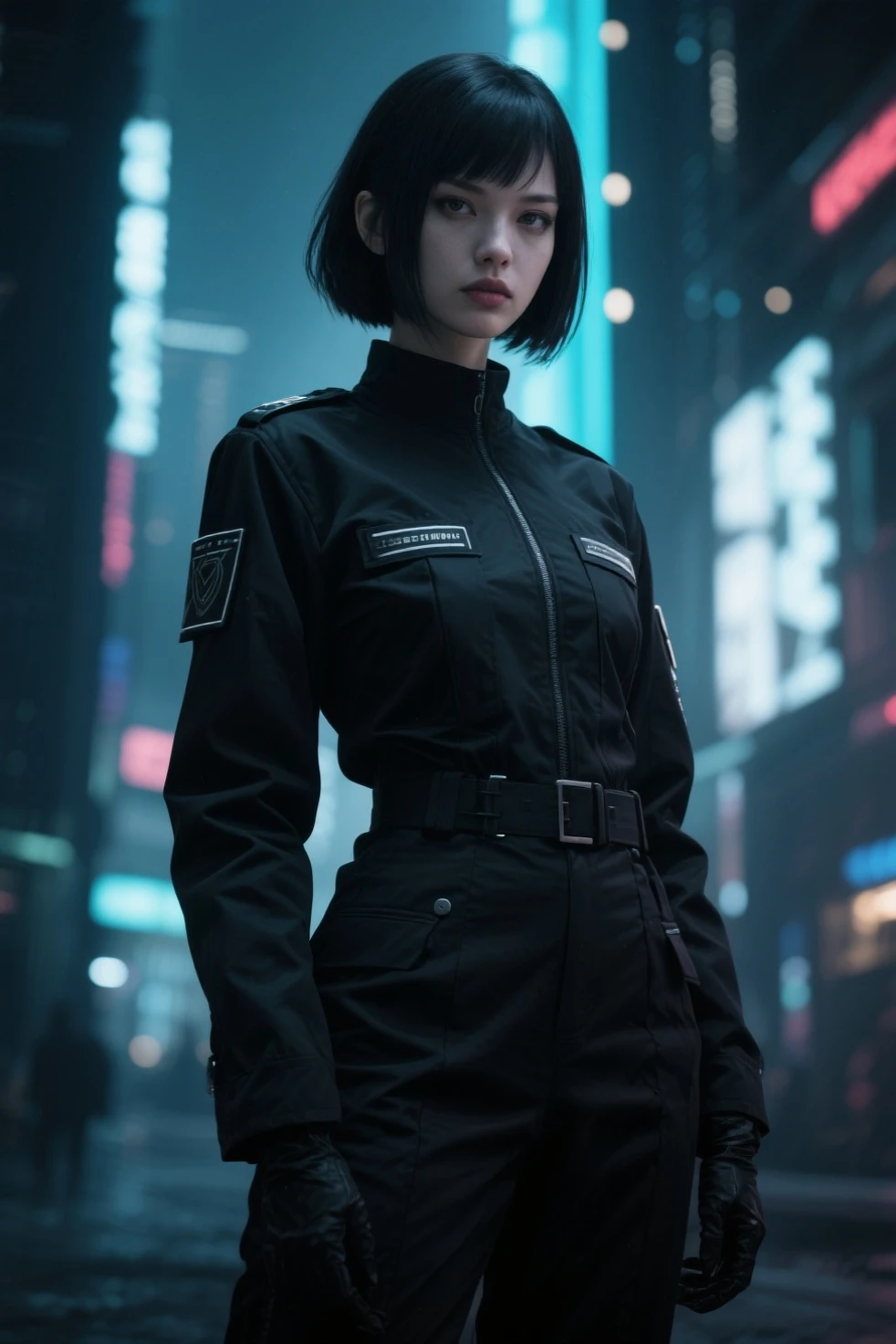 (sfw:1.2) polaroid movie-poster, atompunk, pompous maisiewilliams, black hair, short hair, brutalist boiler-suit, neon netherworld, creepypasta