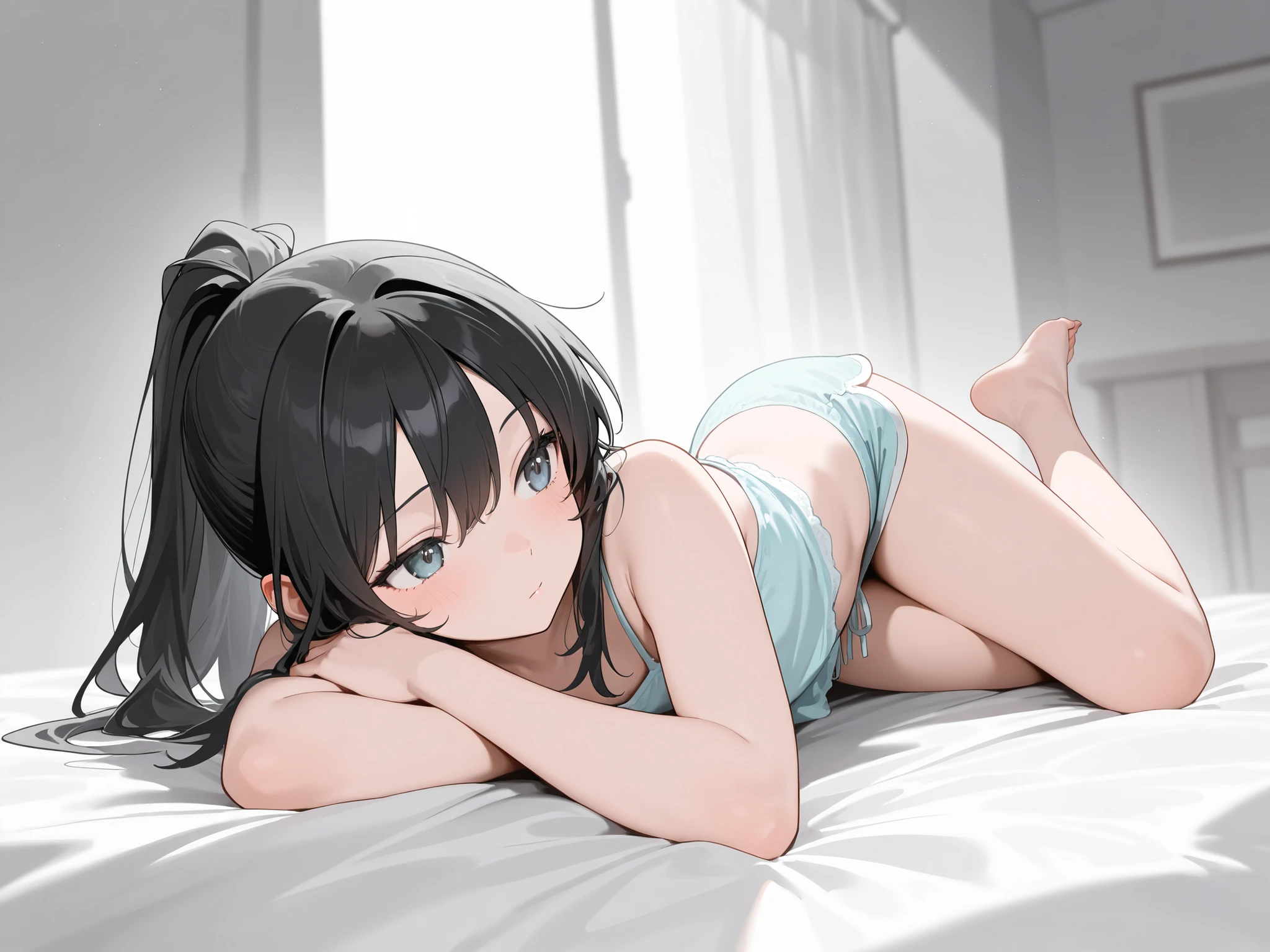 high quality, 最high quality、 Stylish design, (((The cutest girl))), ((Thin legs))、(((最high quality))), High resolution, ((detailed)), ((masterpiece)), ((Super detailed)), 、Black Hair、Inner Color、((Lying on your back in bed),underwear,I can hit it),((Sexual))
