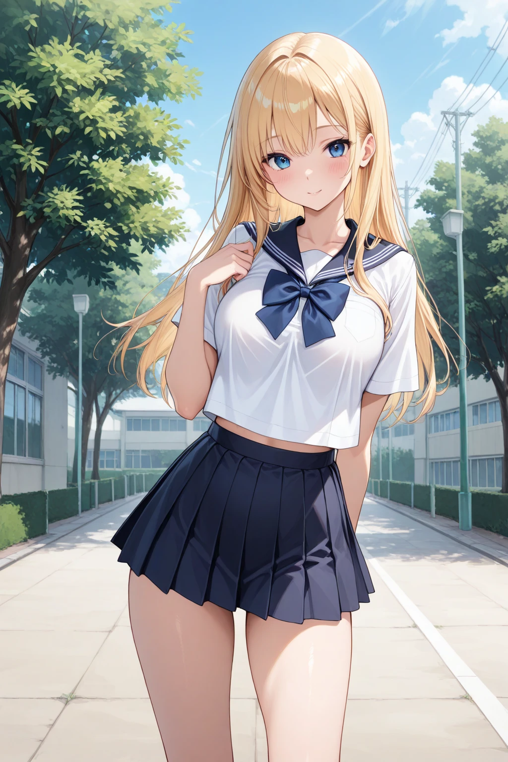 (masterpiece:1.3, highest quality, Ultra-high resolution, Super detailed), (Realistic:1.1, photoRealistic:1.4), Beautiful illustrations, Perfect lighting, colorful, Depth of written boundary,
Beautiful detailed hair, Beautifully detailed face, Beautiful fine details,
View your viewers, 1 girl, Japanese, high school girl, Perfect Face, (Perfect Anatomy, Anatomically correct), Cute and symmetrical face, Baby Face, Sunburn, Shiny skin,
(Middle Hair:1.5, Twin tails:1.2, Blonde), Asymmetrical bangs, blue eyes, Long Eyelashes, (Medium chest),
((Collared short-sleeved shirt, Light blue shirt, Grey plaid pleated skirt, Navy them)), No panties,
(Beautiful views), evening, (Outdoor, distant cityscape), Are standing, (Cute smile, Cheek blush、Upward glance, Open your mouth), (pussy:1.3),(nsfw:1.3)