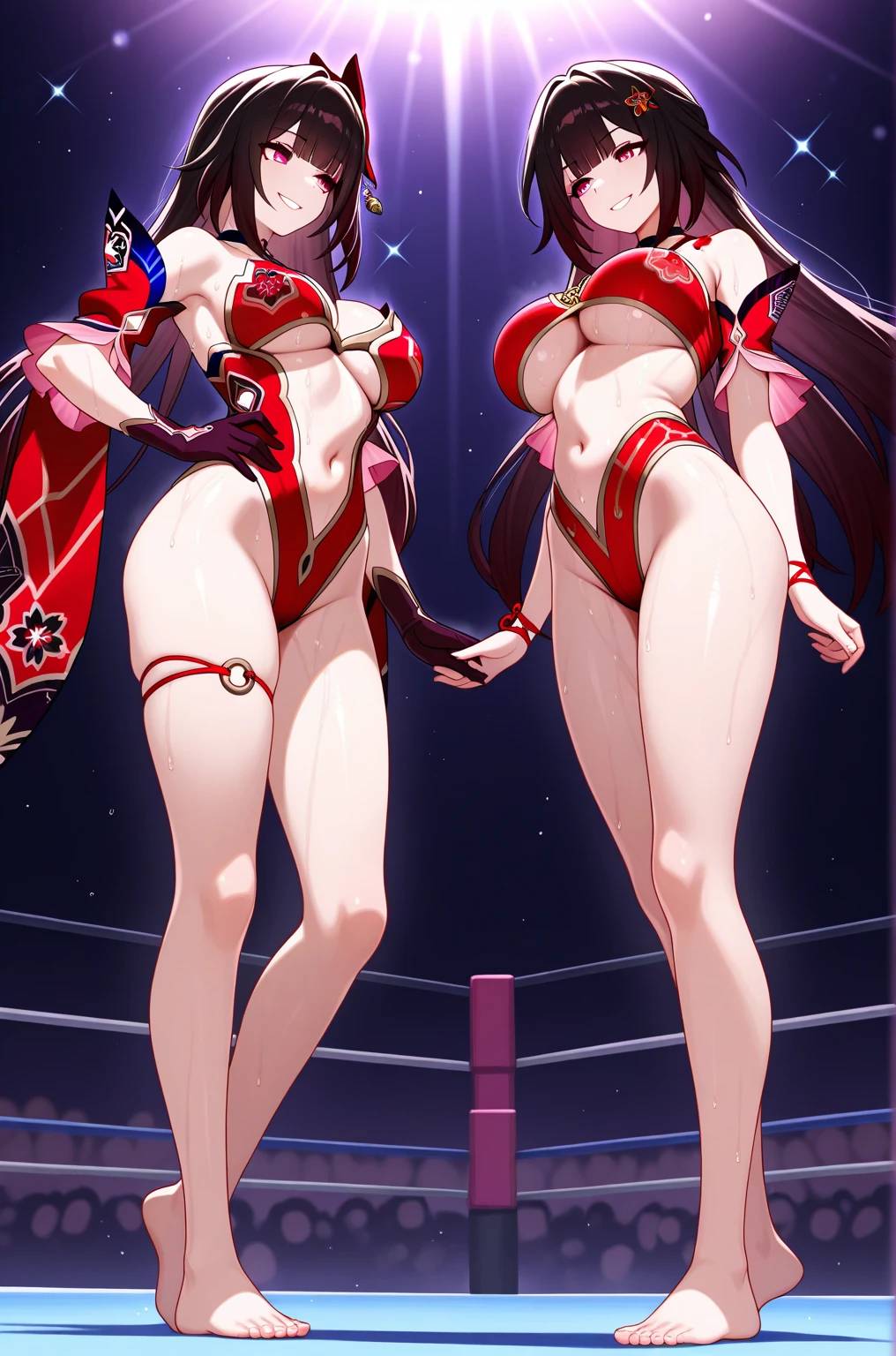 Type: Digital Art Style: Anime Style Color: Predominantly red with black and white contrasts, Eye color: Bright crimson red, with luminous reflections. Hair color Black with red highlights, Hairstyle: Long with twintails, (((fox mask on head))), adorned with traditional red and gold hair accessories, (((cute smile))), muscular legs, index finger raised, finger in mouth, (((beach scene))), Standing, (((full body photo))), well-groomed nails, red nails, (((wearing a very short and sexy bikini))) , hdr, (on her back holding her buttocks), ((showing her ass looking at me)), wearing a red high heel shoe, (full body scene)