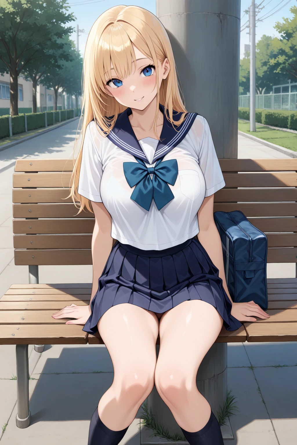 From below, (Squint your eyes:1.2), close, One Girl, blush, sit, Browsing Caution,beautiful girl,Wear a uniform, Light blue skirt,White panties、Squat down and spread your legs、 Anime Movement,Both sides up
