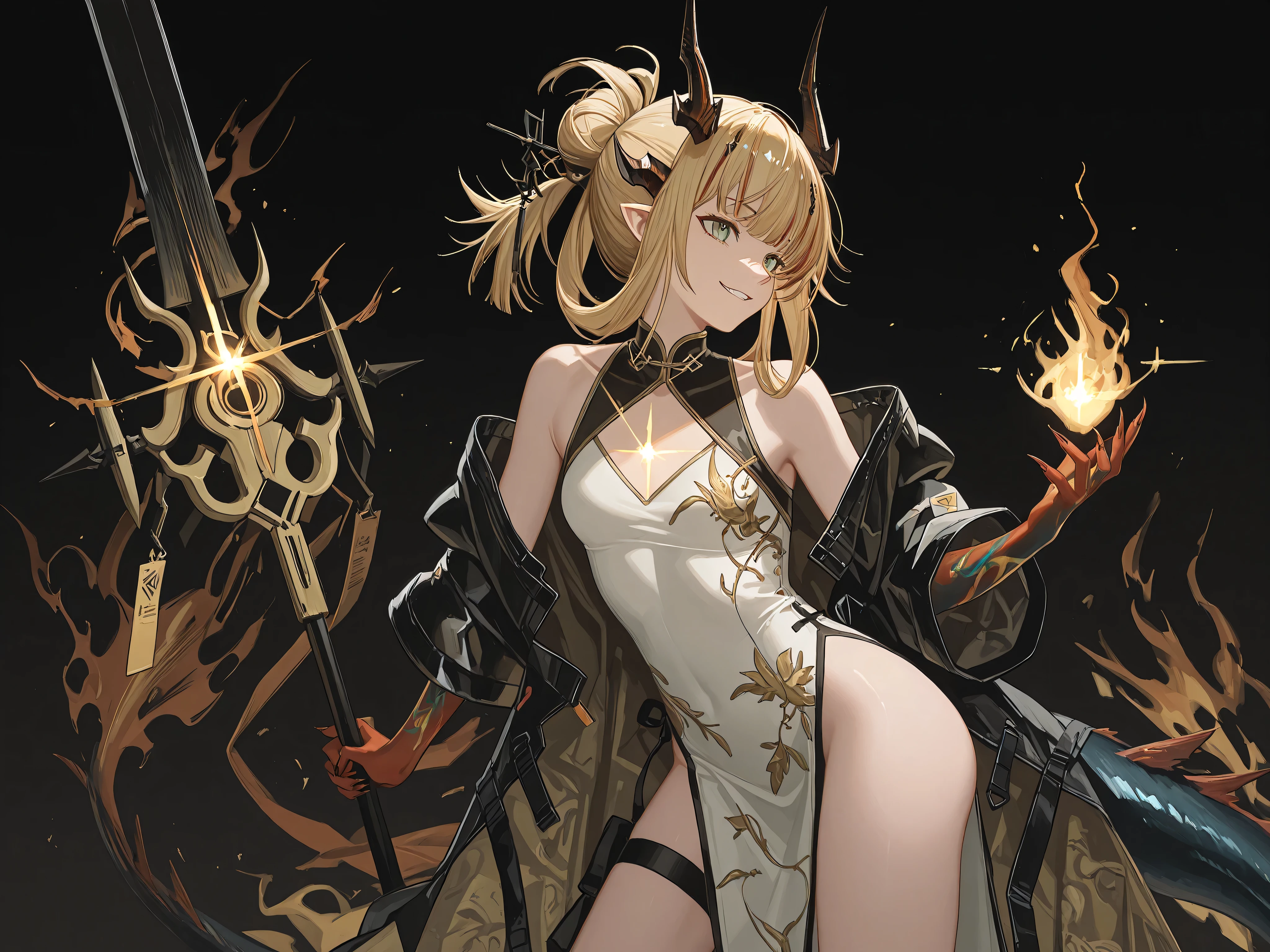 Solo, 1 girl, small and short body, small character, short character, short character, character 1.50 meters tall, small and short body, young character, character;
Golden hair, the character's hairstyle must be the same as Reed, the Flame Shadow from "Arknights" (hair tied over the shoulders like Reed, the Flame Shadow from "Arknights"), long bangs, black horns like Reed, the Flame Shadow from "Arknights";
The character's face must be the same as Oshino Shinobu from "Bakemonogatari" (but with green eyes), flashy green eyes, provocative face, provocative smile, young, sensual, perfect and beautiful face;
Perfect anatomy, the character's tail must be that of a dragon and must be black (with a golden flame at the tip of the tail), black tail like Reed, the Flame Shadow from "Arknights", details of the tail must be black;
Nian style colored arms from "Arknights" (but the arms and hands should be painted black with gold details), hands with claws, black arms, arms with gold details;
Black coat like Reed, the Flame Shadow in "Arknights", sensual white Chinese dress (Chinese dress with gold details), exposed arms, in a sensual pose, perky butt, short body height;
Holding a black guan dao with gold details, gold ornaments on the spear, divine and beautiful spear, guan dao style, with a huge blade;
Black background, striking pose, looking at the observer, black arms and hands with gold details;
Flashy pose, shoulders and head exposed, close to the face, looking at the character, looking at the observer, face to face, provocative smile, confident, small and short body, young character;